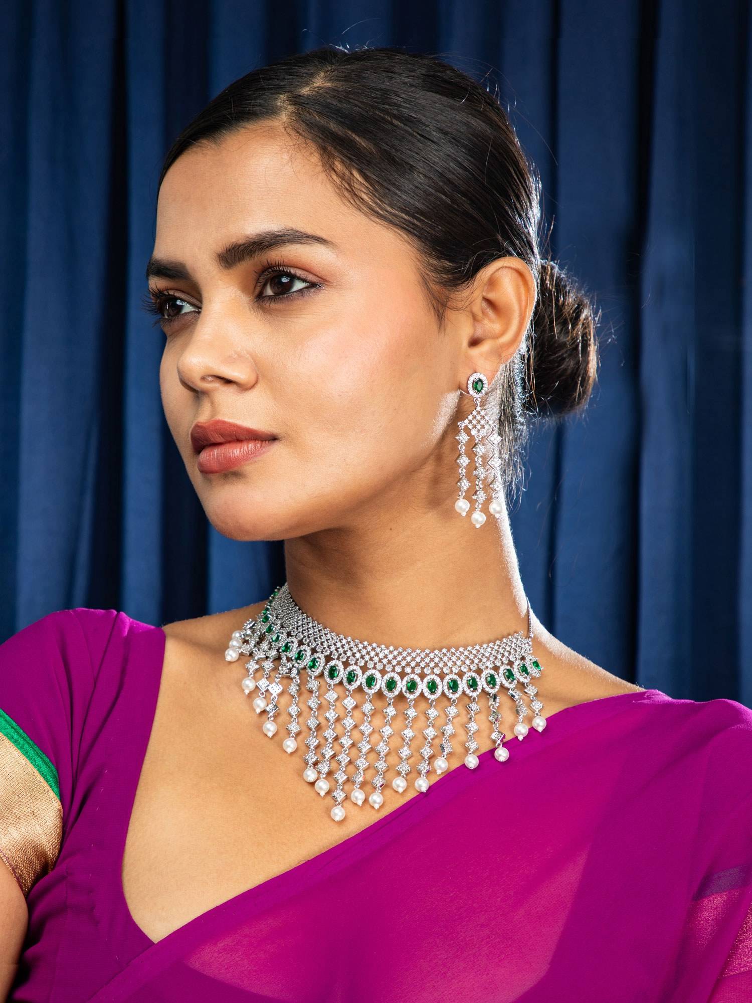 Niscka Emerald Green American Diamond Pearl Choker Necklace with Earrings