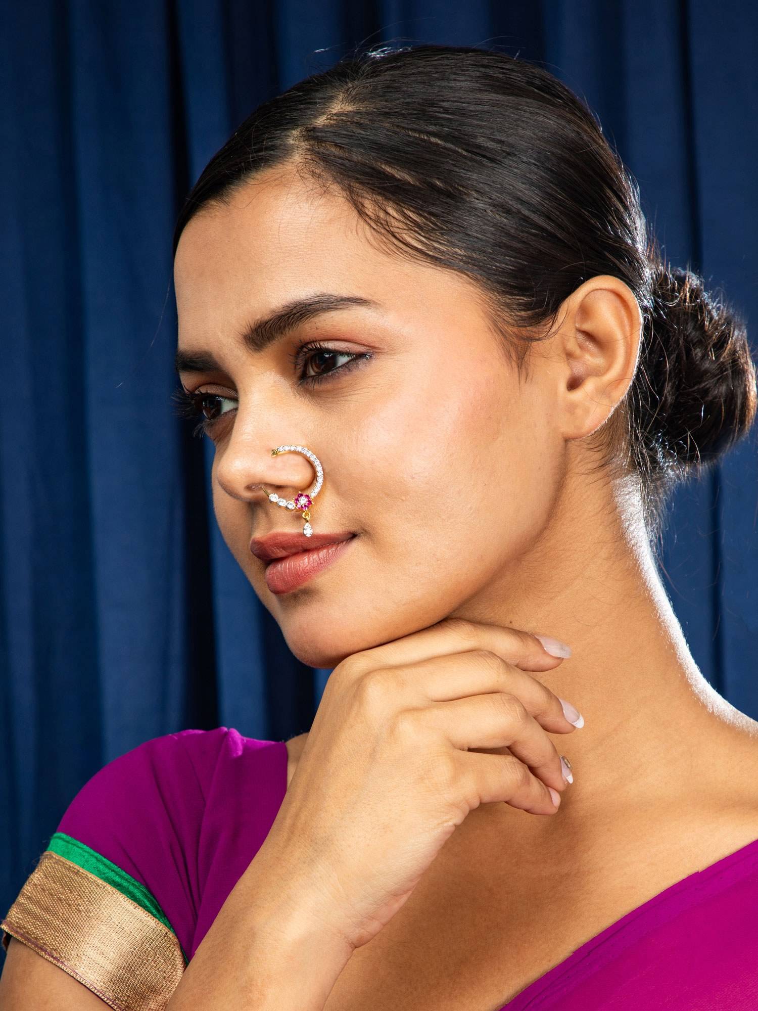 Niscka Ethnic Gold Plated White Pink Ad Nose Ring