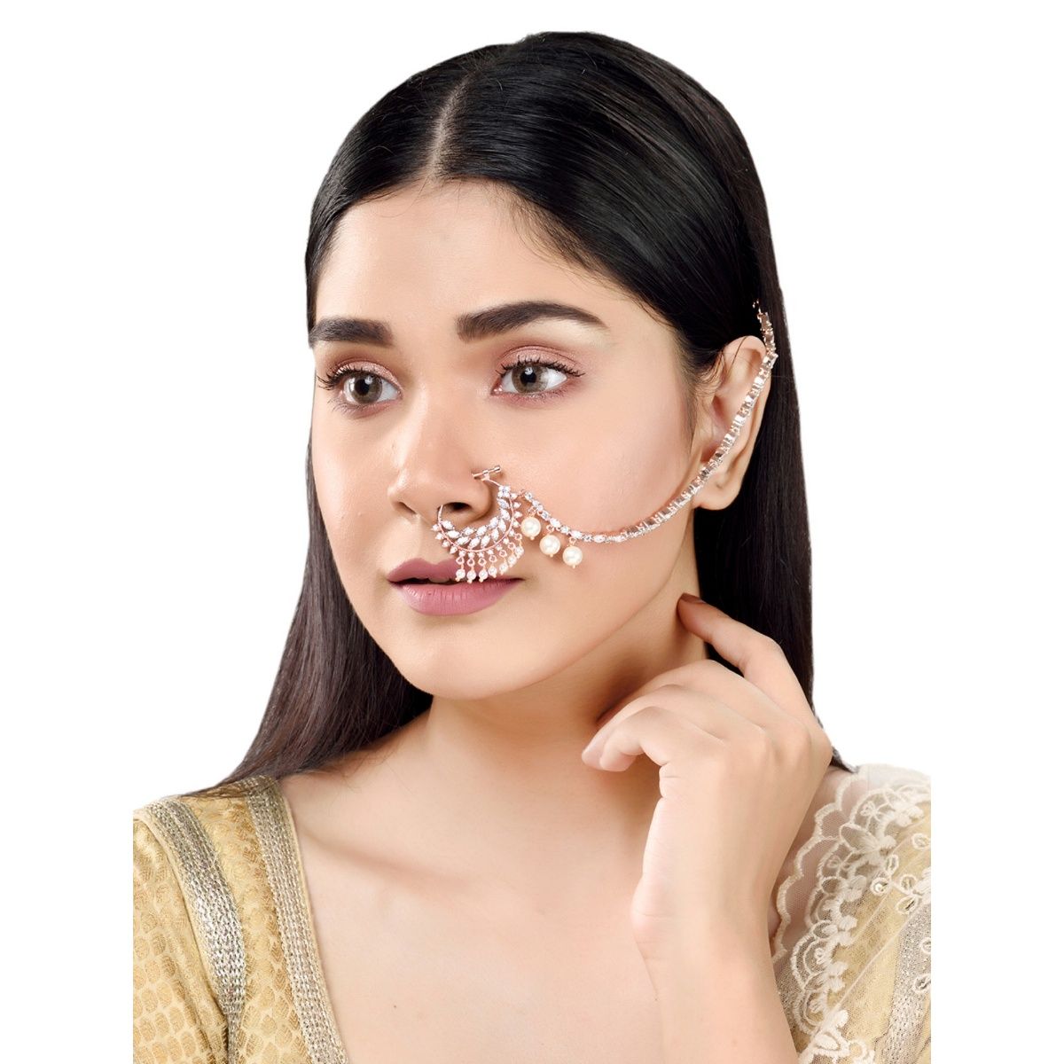 Jewelopia AD Nose Stud 3 Pc Combo Non Piercing Gold Plated CZ Nath Wed –  JEWELOPIA
