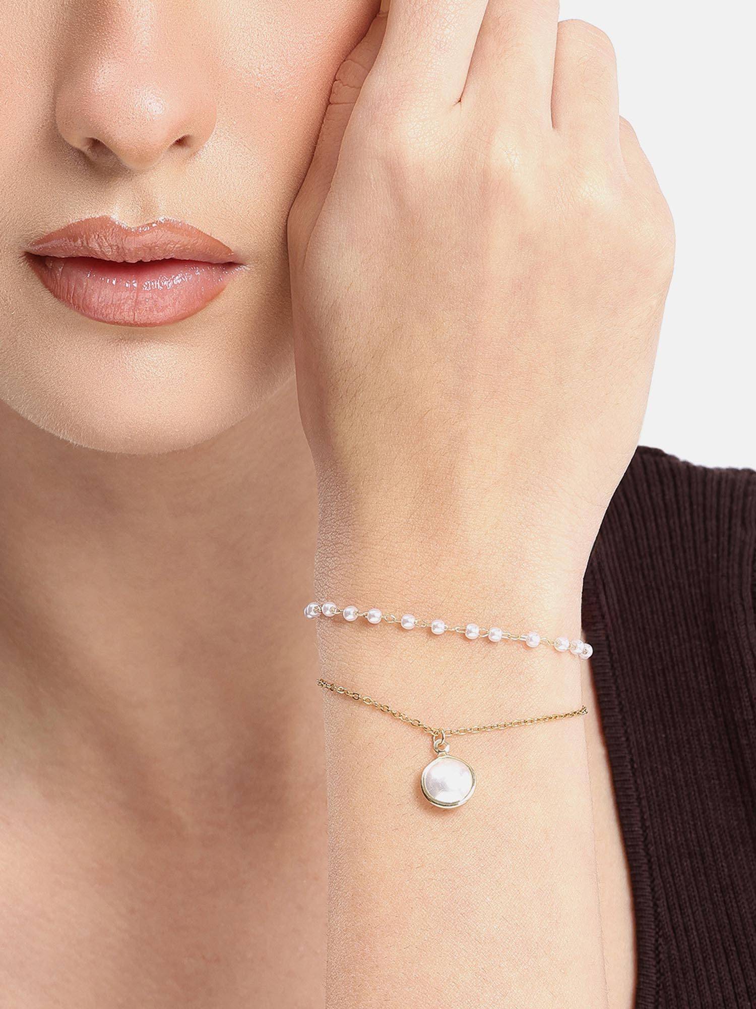 Carlton London Gold Plated Pearl Double Chain Wraparound Bracelet