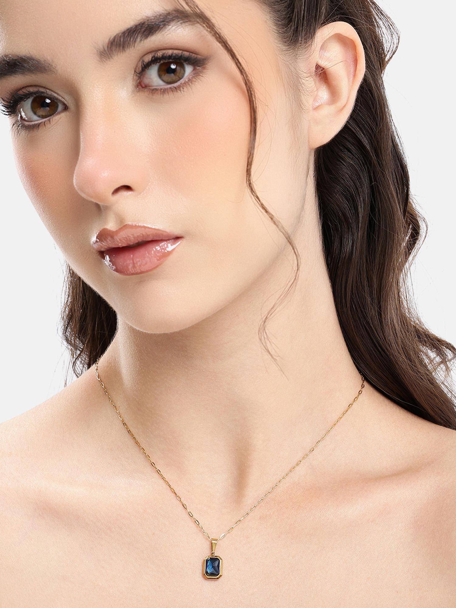 Carlton London Gold Plated Everyday Blue Crystal Square Pendant and Chain