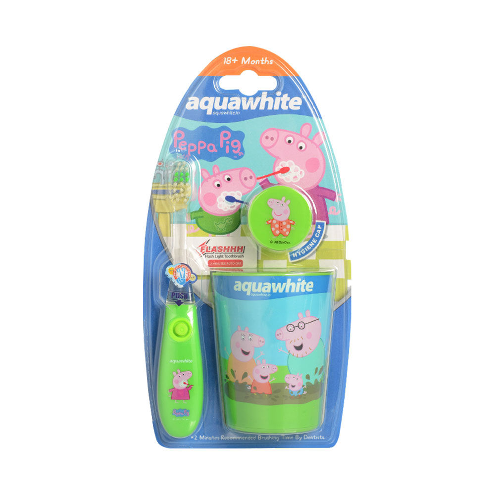 aquawhite Kids Peppa Pig Flash Toothbrush with Rinsing Cup - Set of 3, (3+years)(Green)