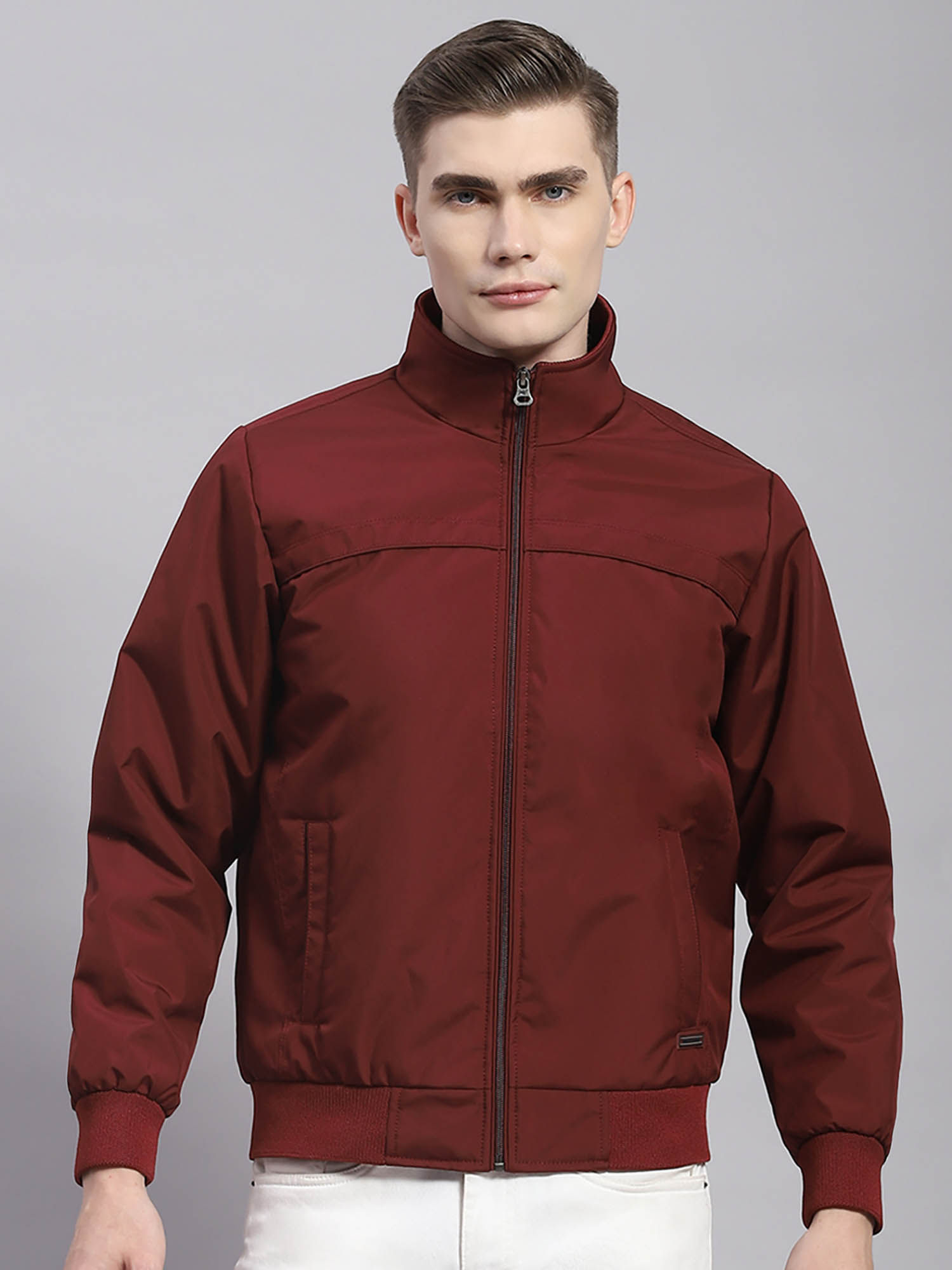Monte Carlo Maroon Solid Stand Collar Jacket