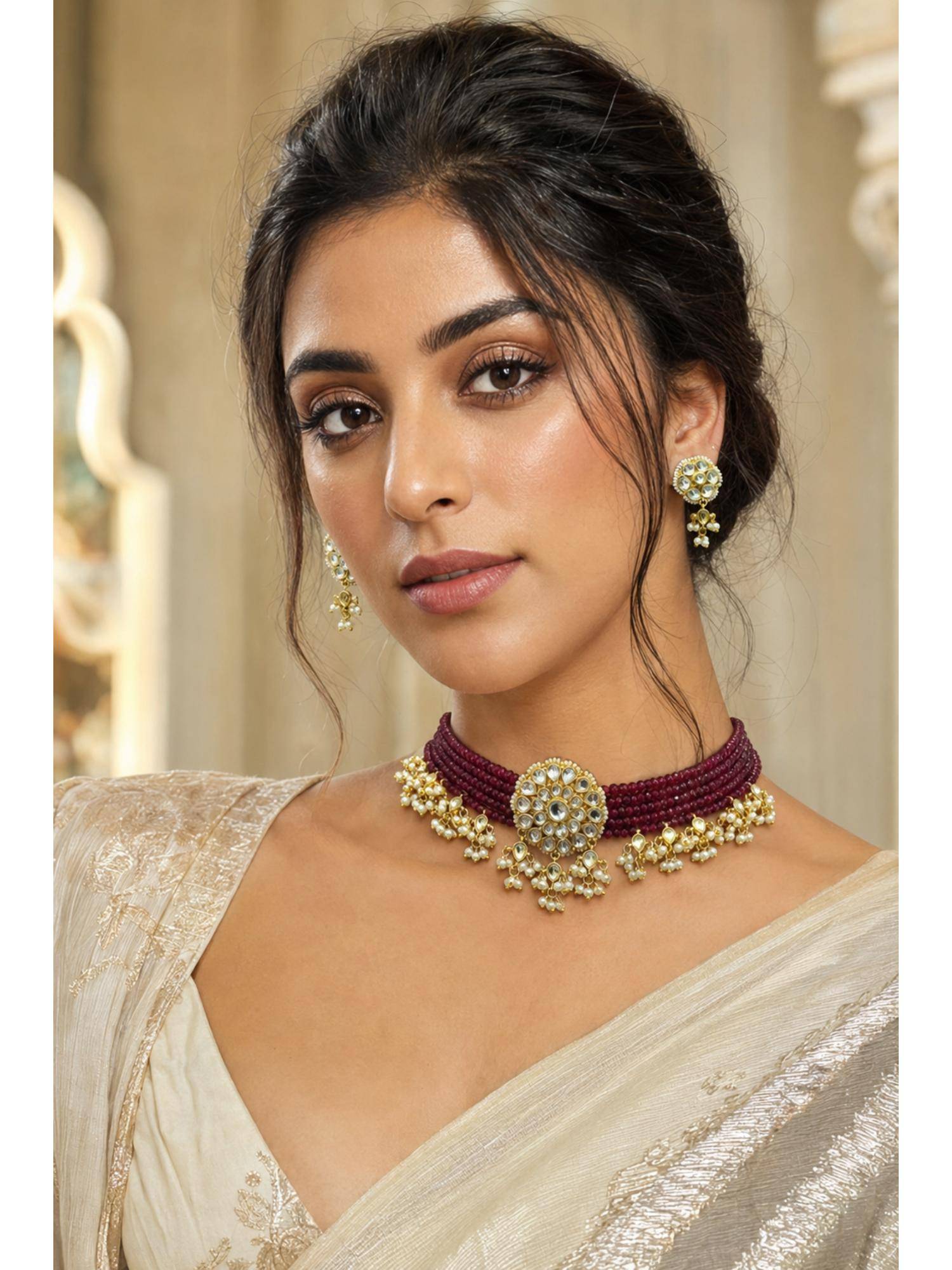 PINKCITY CRAFT White Handcrafted Pachi Kundan Jewellery Set With Red Beads & Pearl Accents