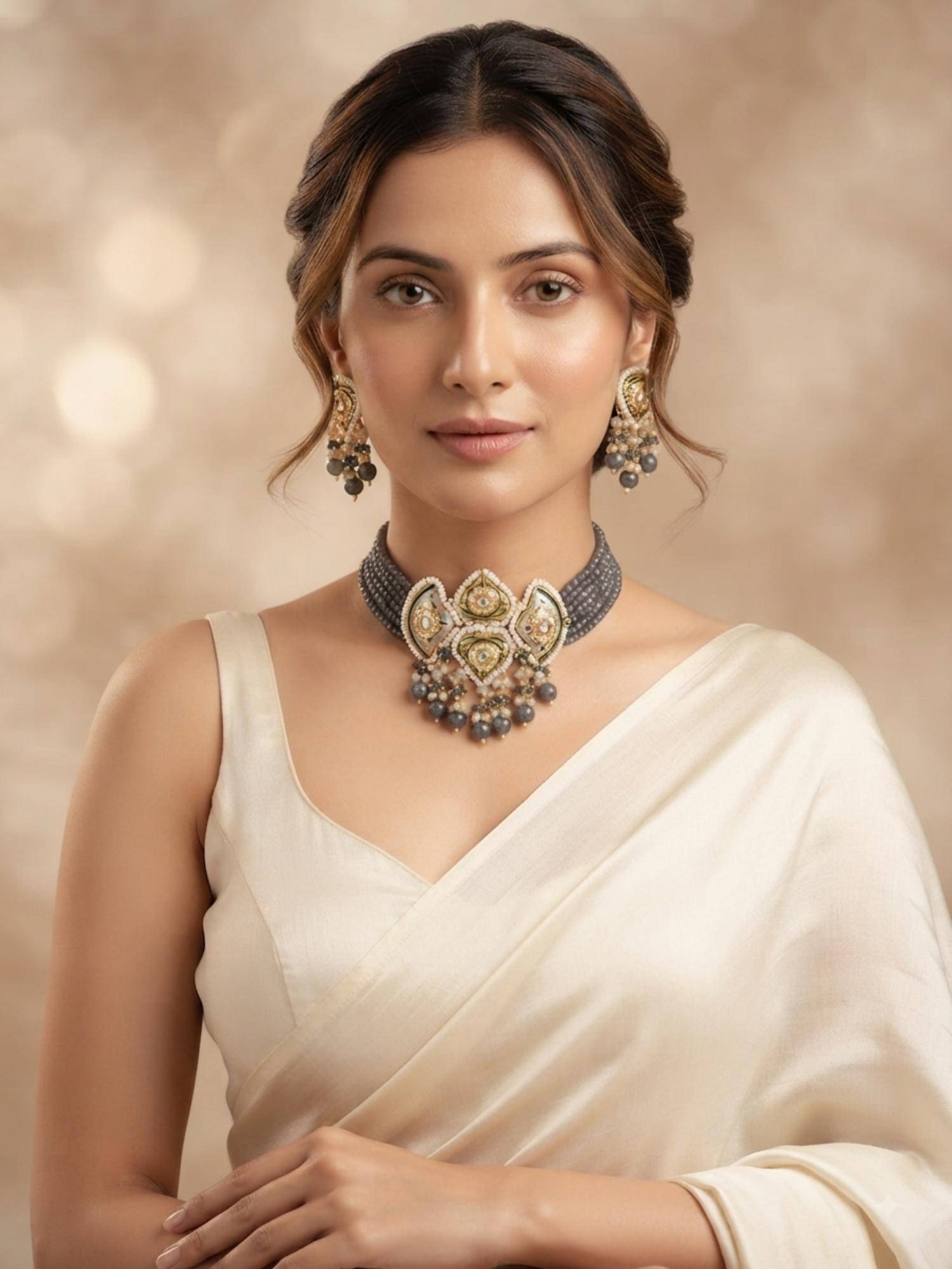 PINKCITY CRAFT White Meenakari Jewellery Set With Onyx Beads & Stone Drops
