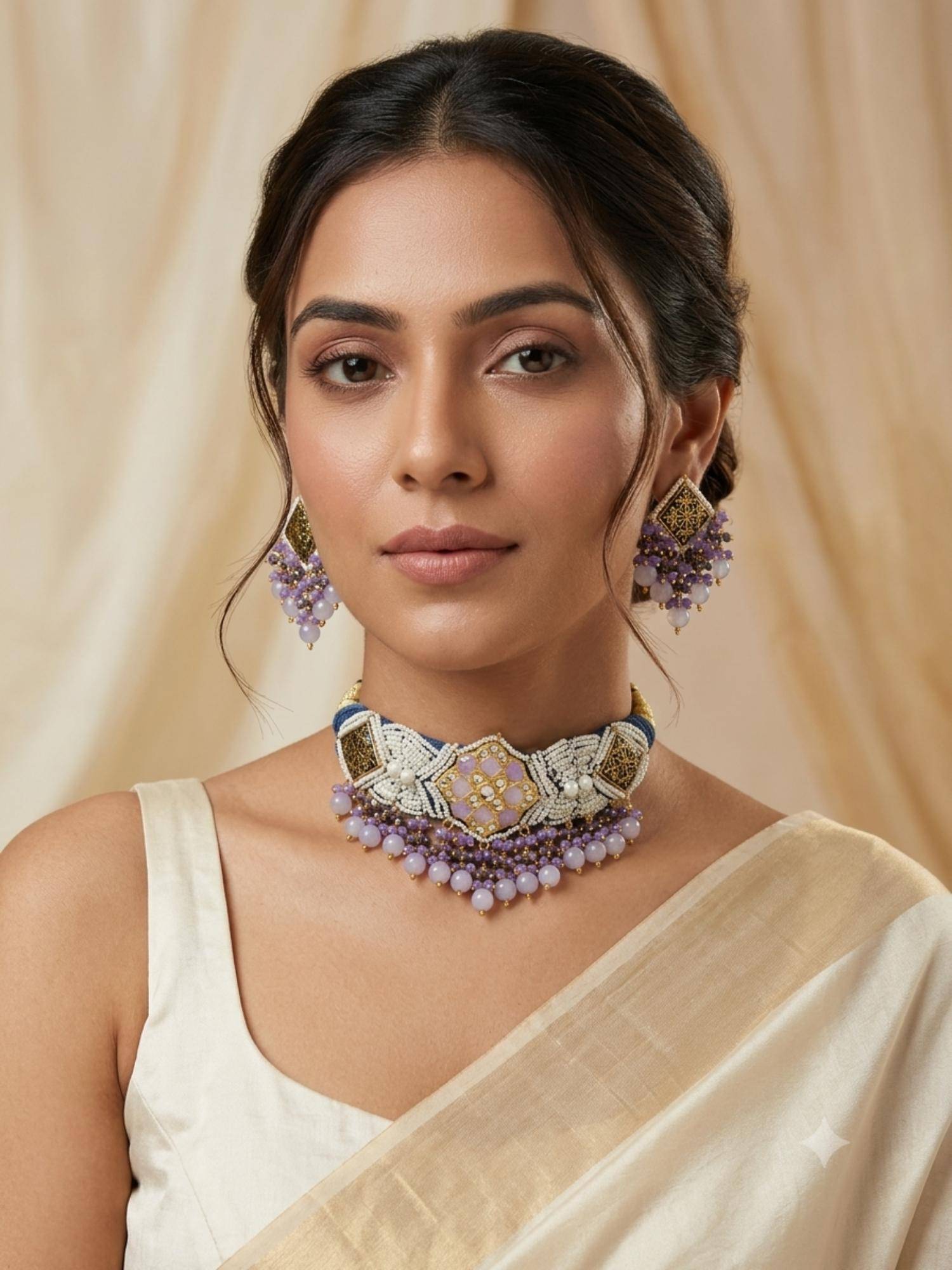 PINKCITY CRAFT Lavender Quartz Floral Patwa Meenakari Jewellery Set