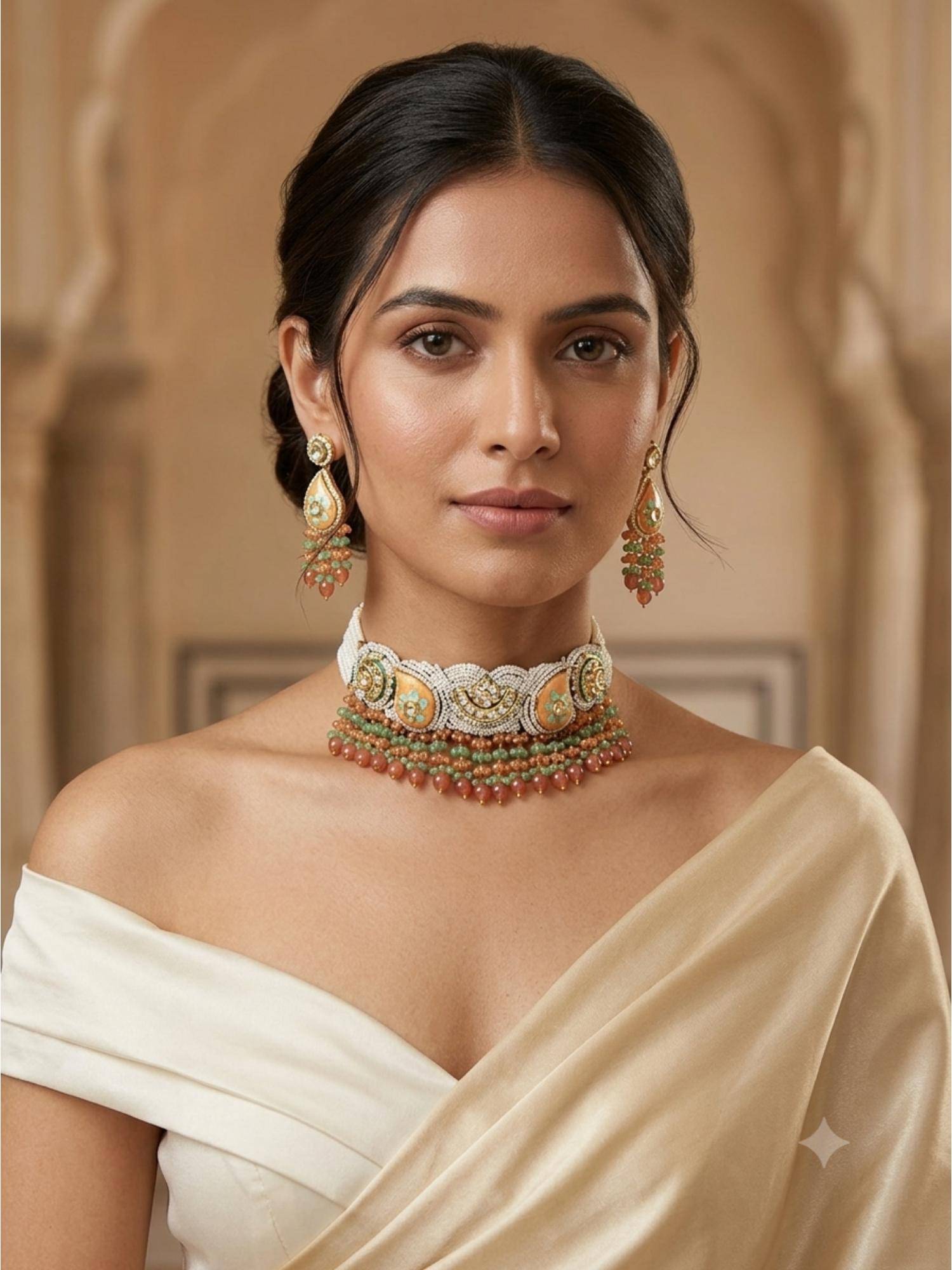 PINKCITY CRAFT White Patwa Floral Medallion Meenakari Jewellery Set