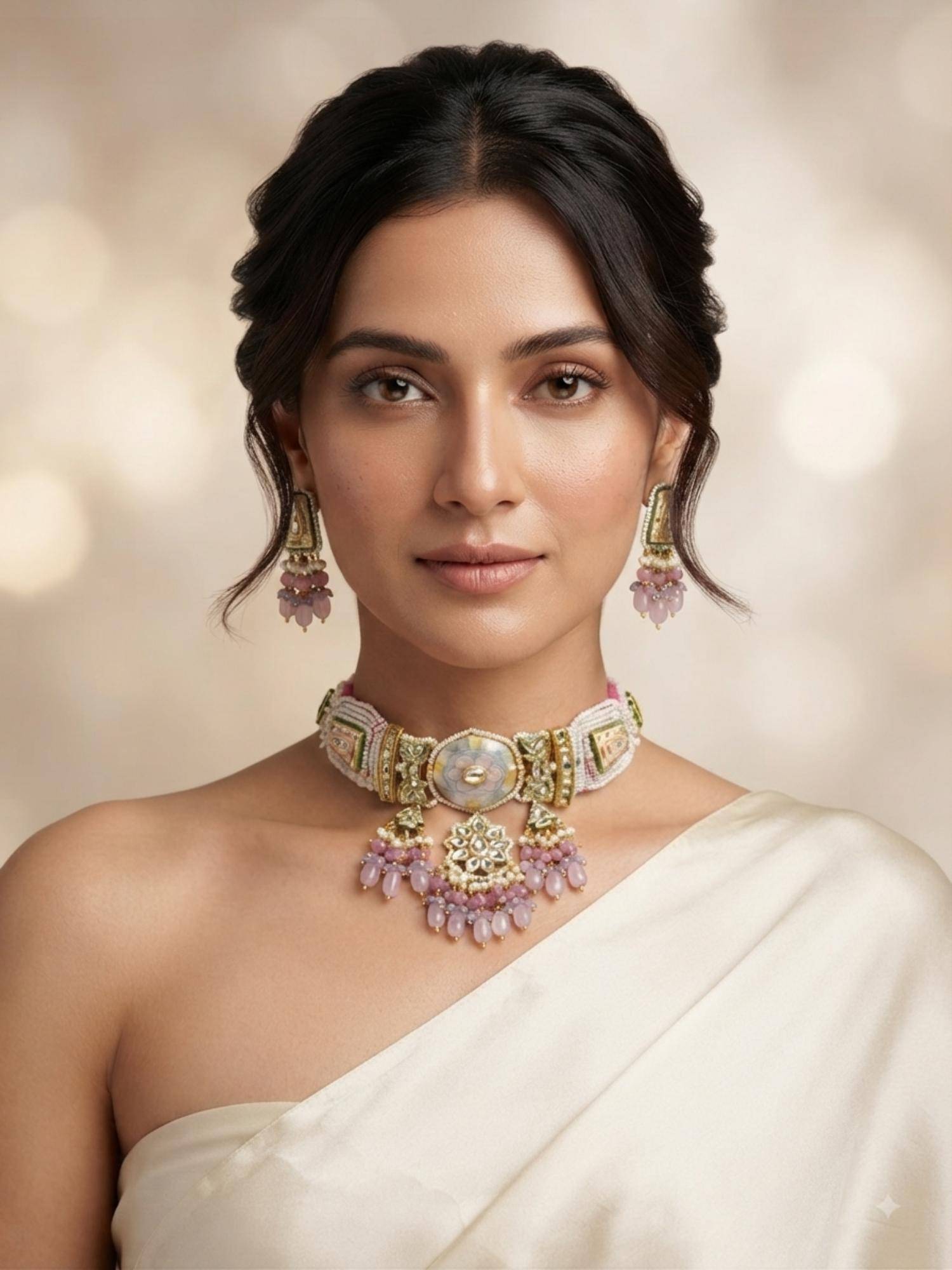 PINKCITY CRAFT White Pearl Panel Patwa Meenakari Jewellery Set