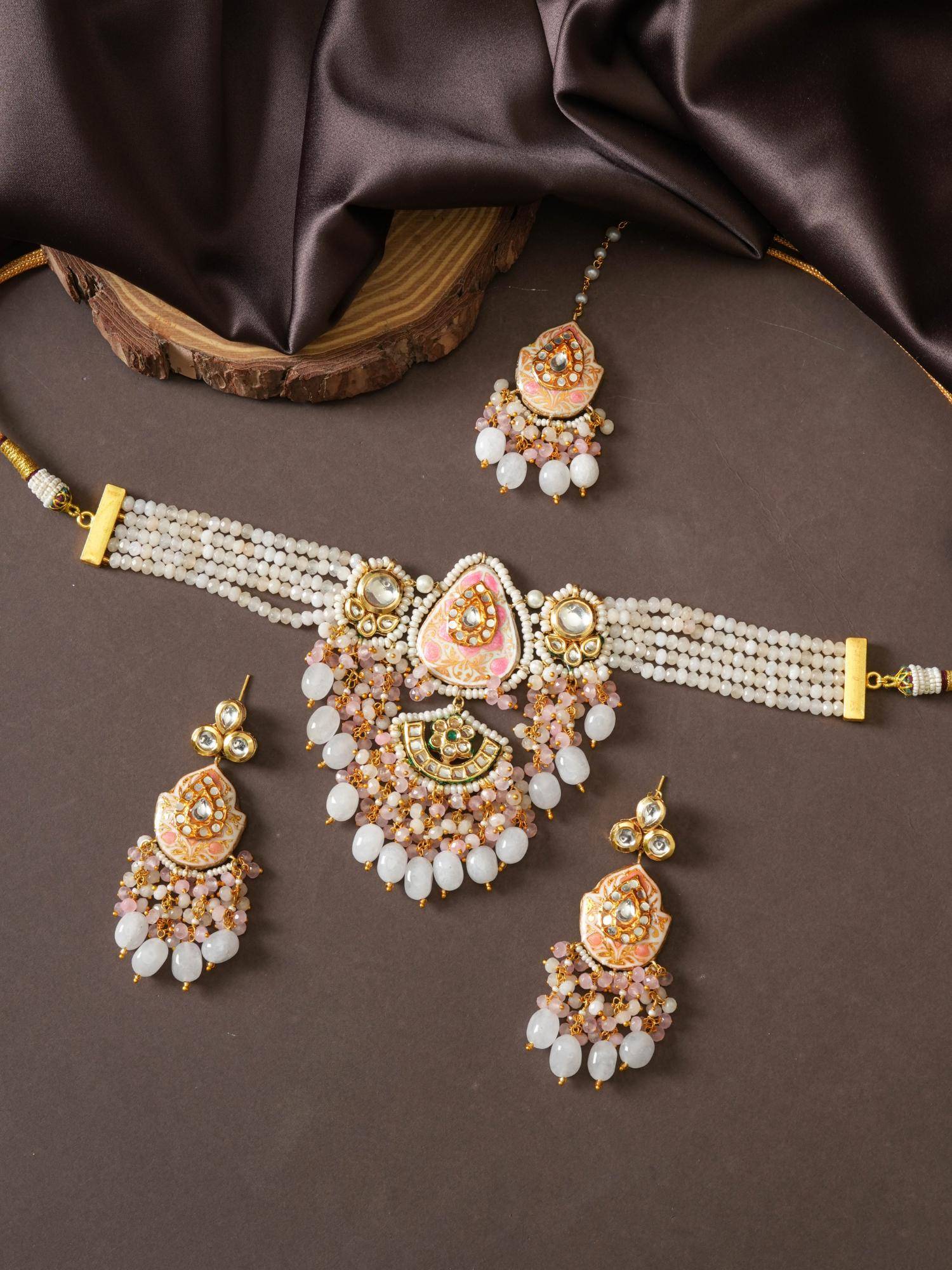 PINKCITY CRAFT White Royal Rajasthani Meenakari Jewellery Set With Kundan