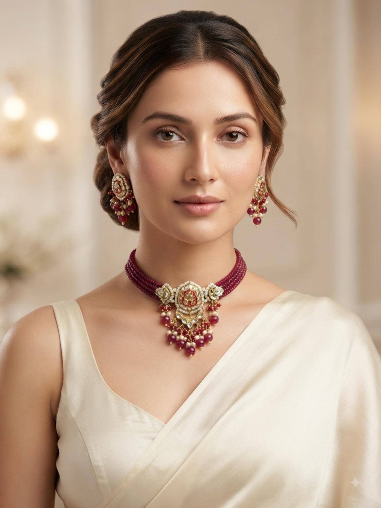 PINKCITY CRAFT White Meenakari Kundan Jewellery Set With Pearl Accents & Bead Drops