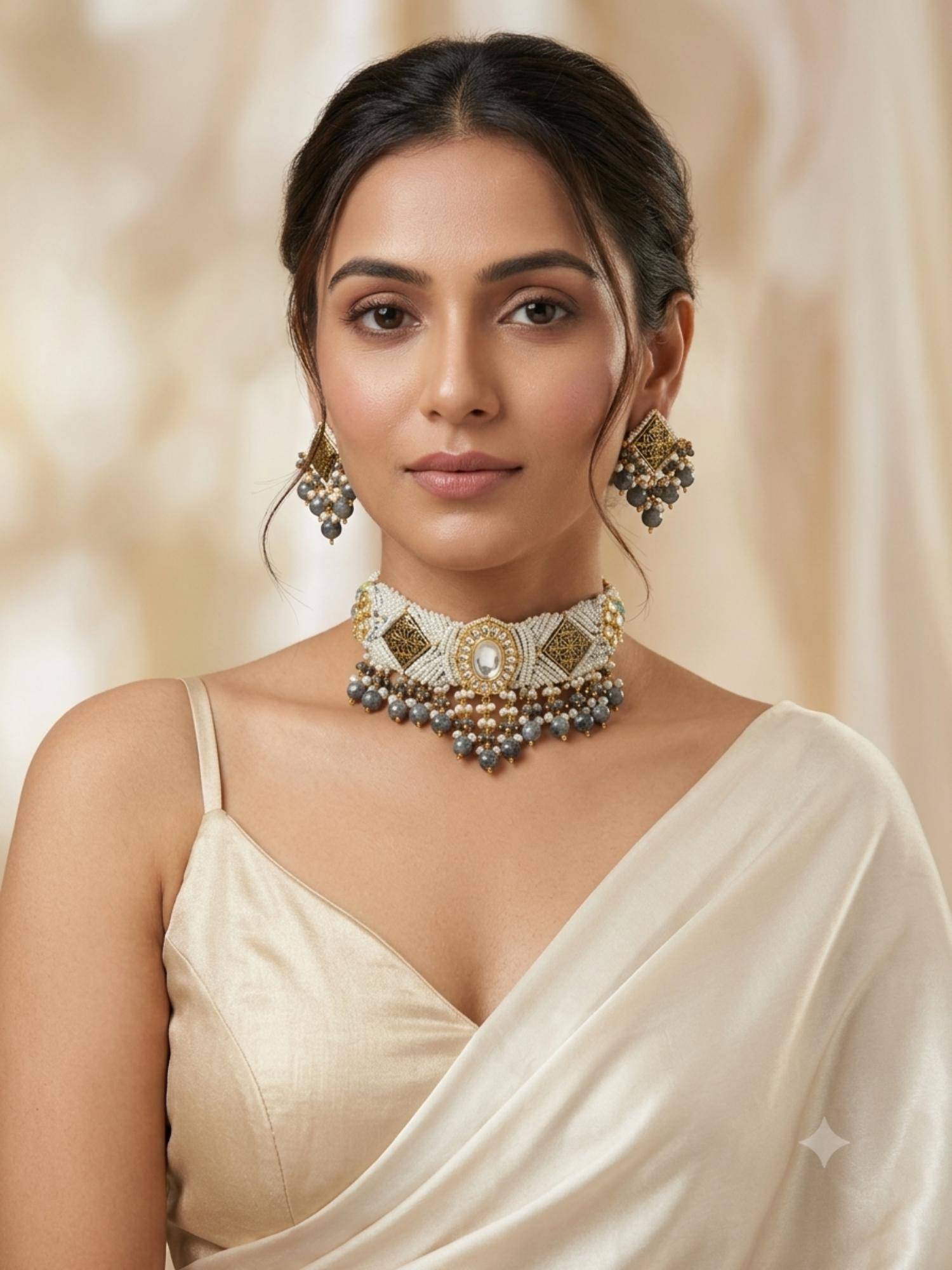 PINKCITY CRAFT White Larvikite Uncut Polki Patwa Meenakari Jewellery Set