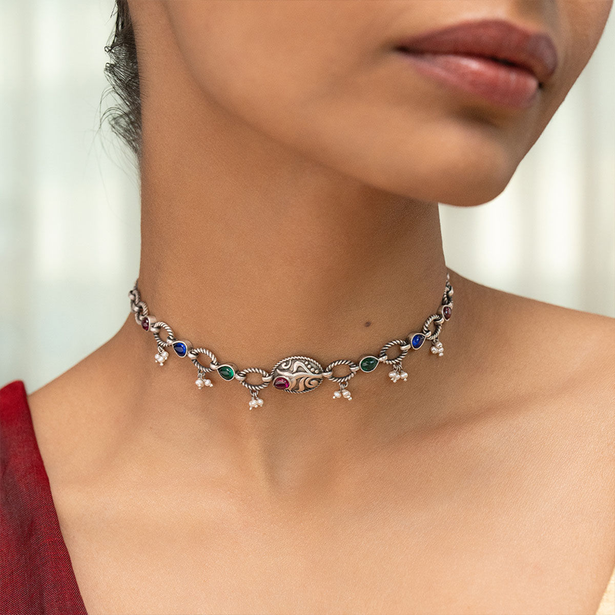 Buy Shaya by CaratLane Feeling Rupvan Oxidised Choker in 925 Silver Online