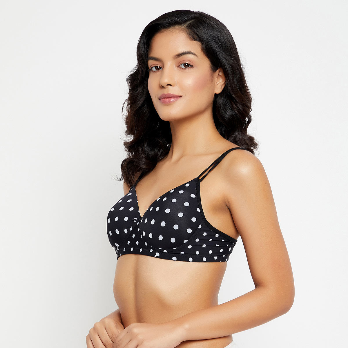 Clovia Padded Non Wired Full Cup Polka Dot Print T shirt Bra In Black clovia-padded-non-wired-full-cup-polka-dot-print-t-shirt-bra-in-black