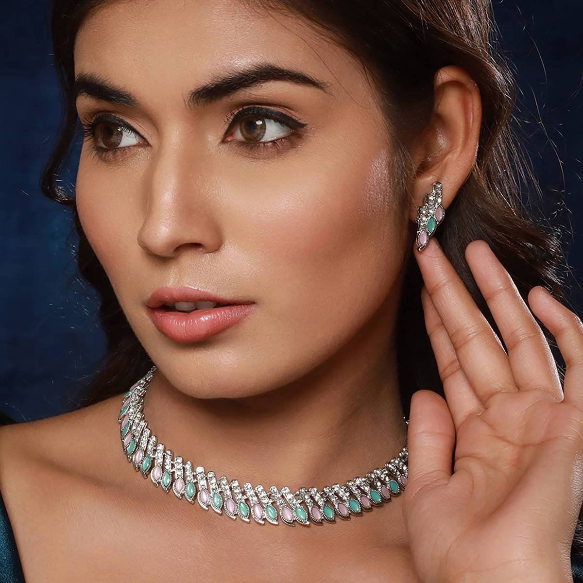 Aatmana Silver-Plated Mint Green & Pink Stone & CZ Studded Jewellery Set