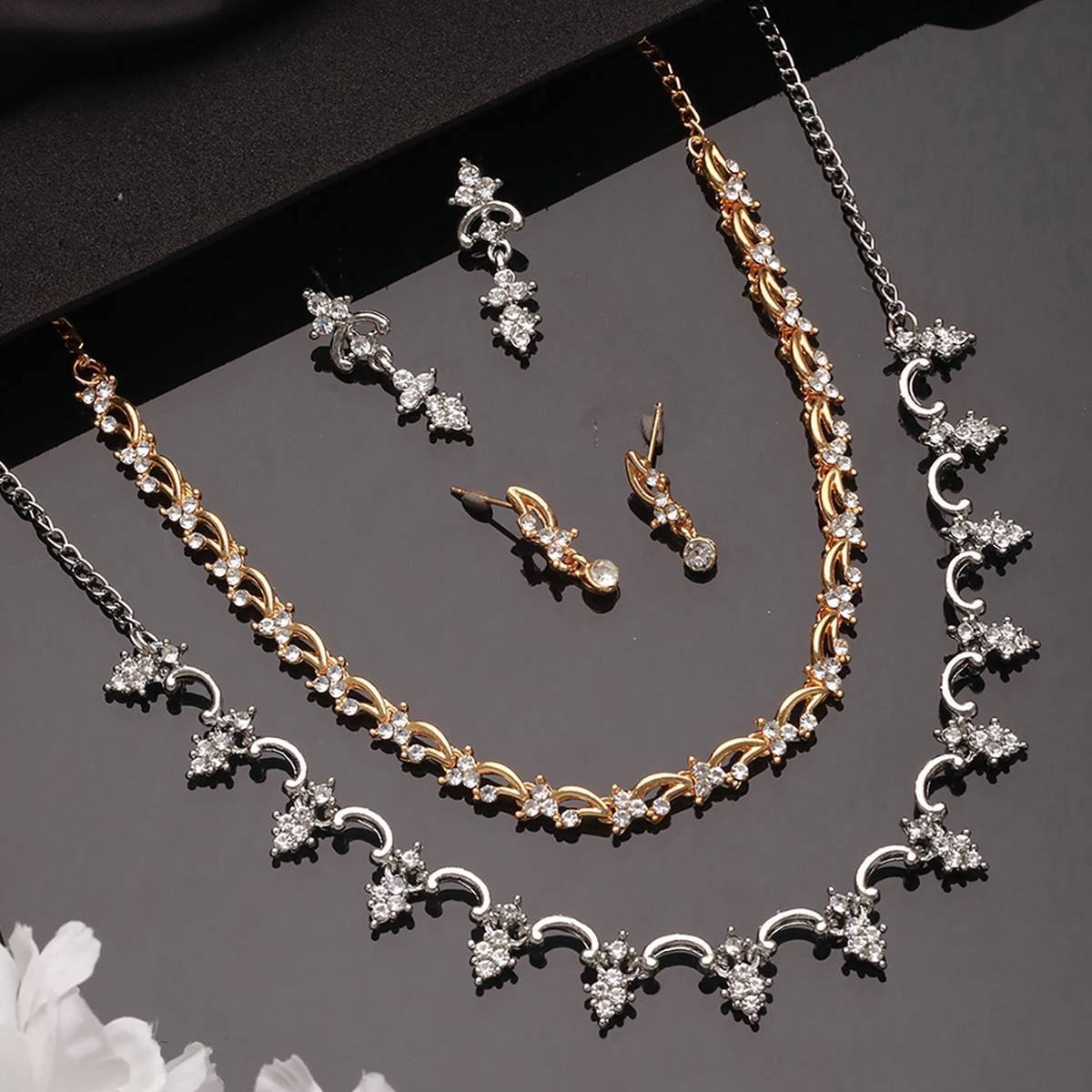 Aatmana Set of 2 Rosegold & Silver Plated CZ Studded Jewellery Set