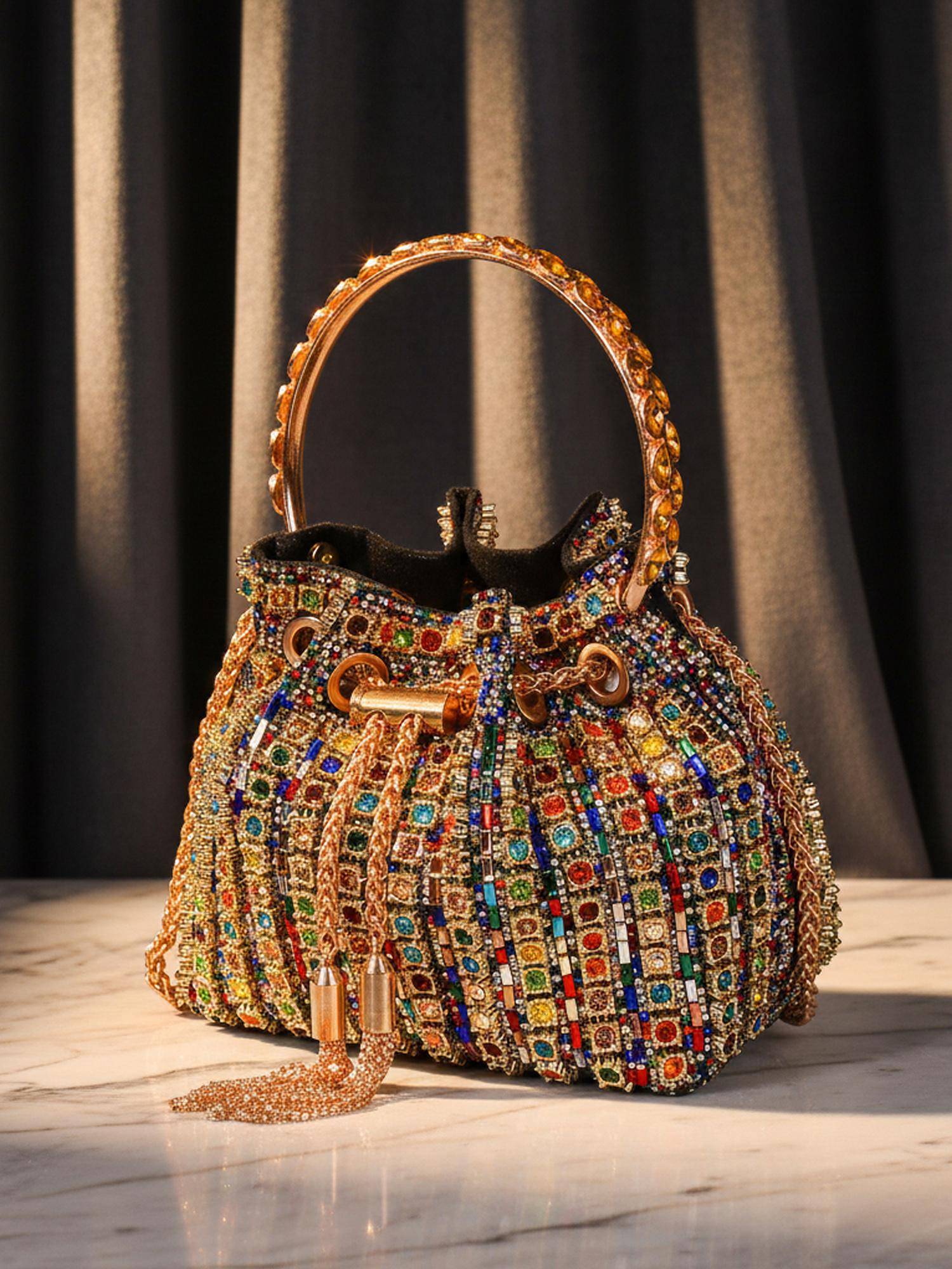 Sassora Synthetic Leather Embellished Potli Bag with Detachable Chain -Multi-Color (Small)