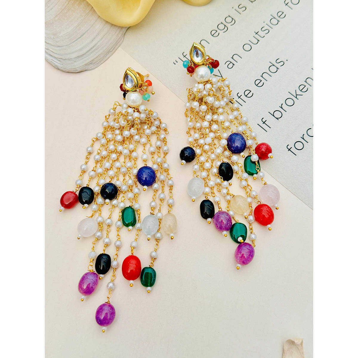Abdesigns Multi-Color Studded Pearl Gold-Plated Drop Earrings