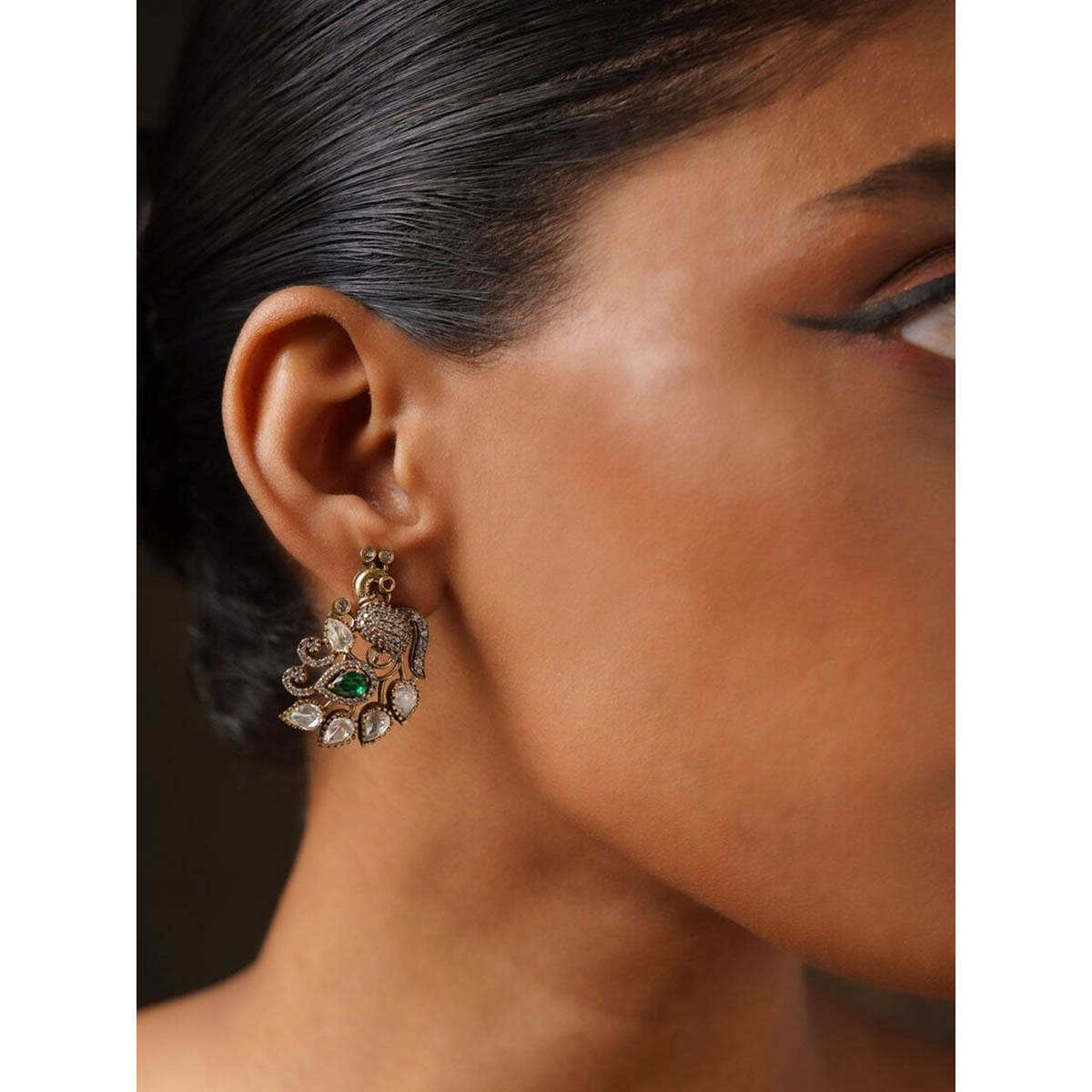 Abdesigns Contemporary Gold Plated Polki American Diamond Green Earrings