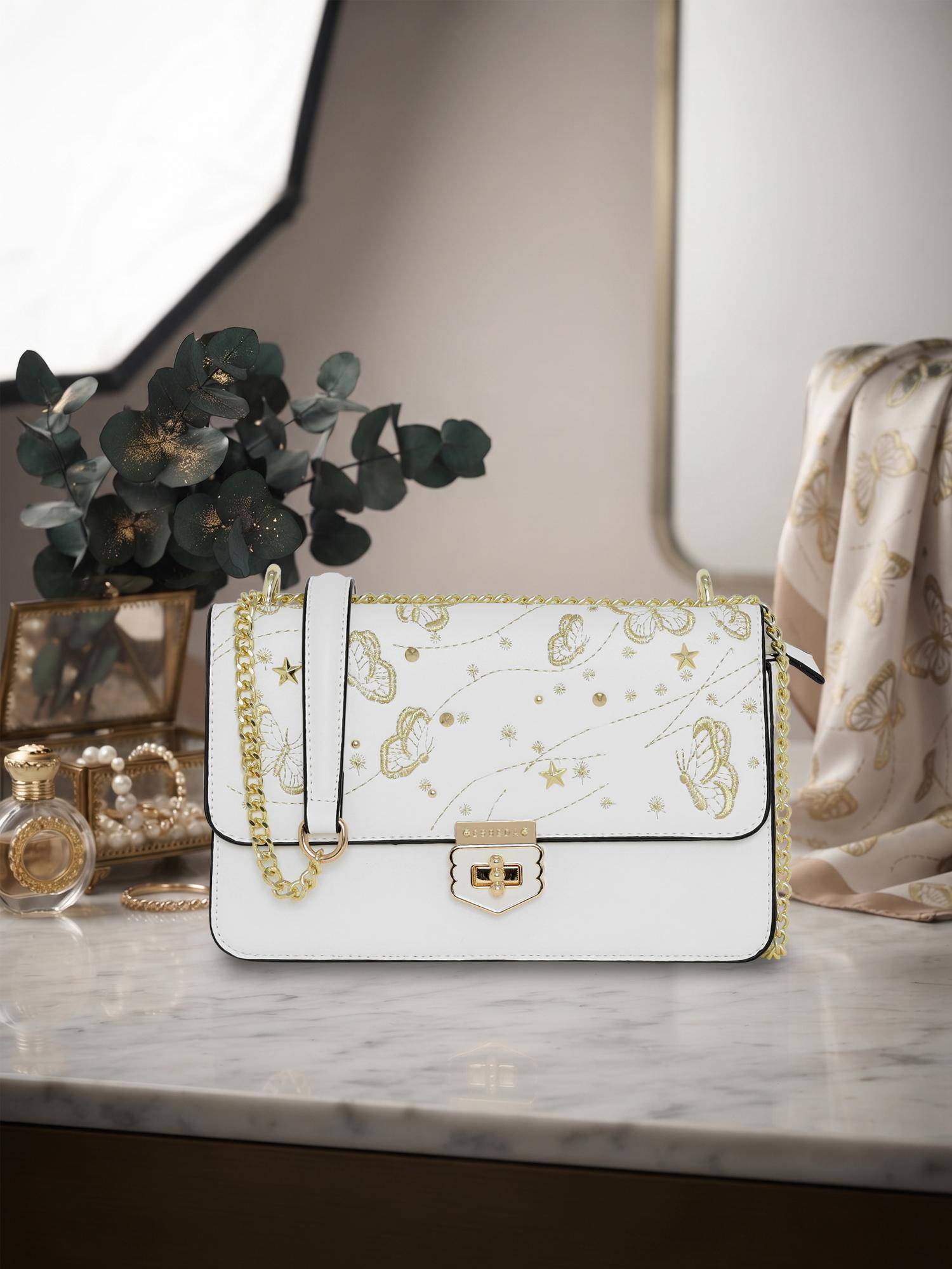ESBEDA White Color Butterfly and Star Embroidered Sling Bag (M)
