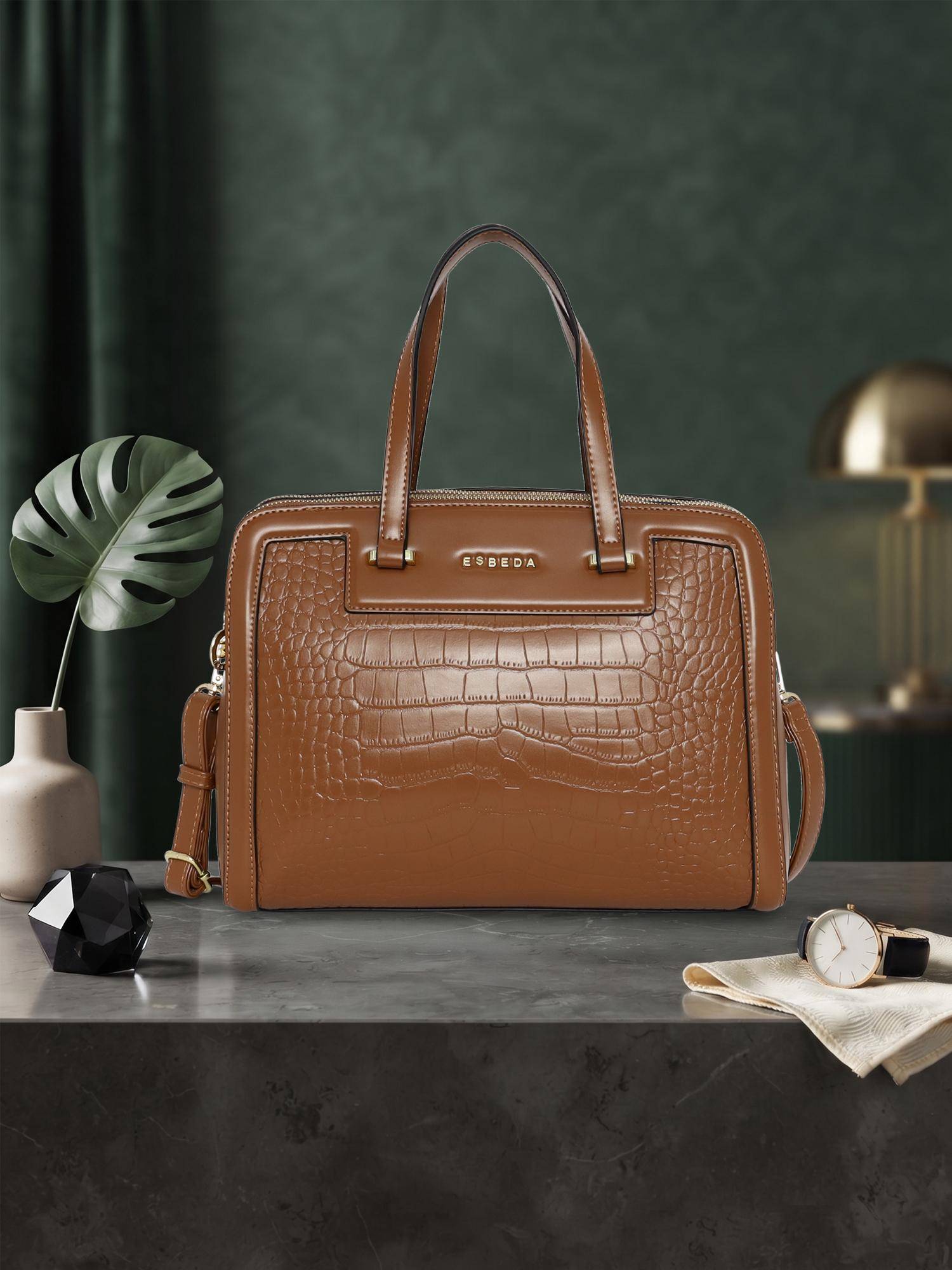 【@sayatanlda】txt Buy ESBEDA Tan Color Luxe Alligator-Style Satchel Bag With