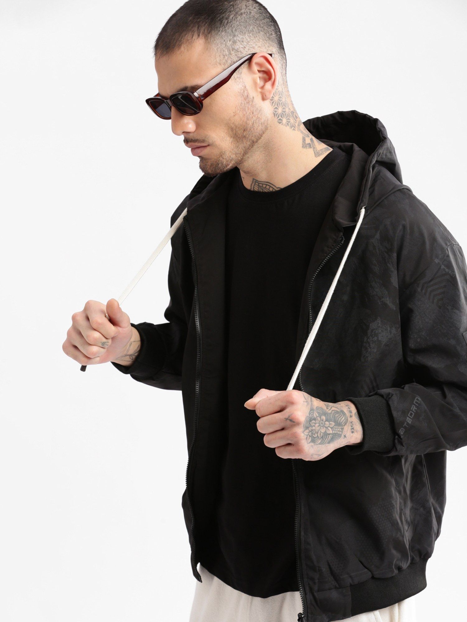Buy SHOWOFF Mens Hooded Black Abstract Reversible Bomber Jacket Online
