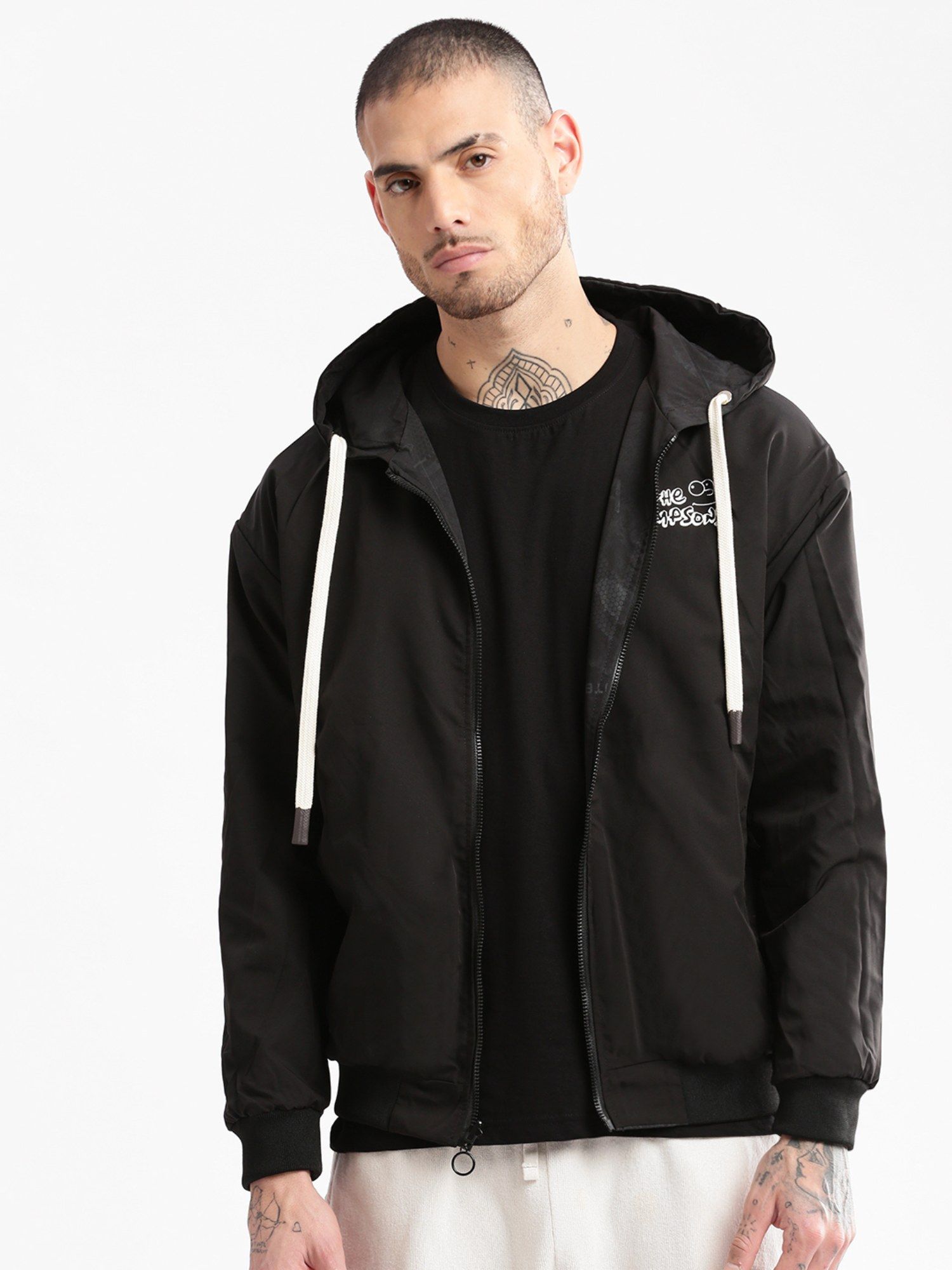 Buy SHOWOFF Mens Hooded Black Abstract Reversible Bomber Jacket Online
