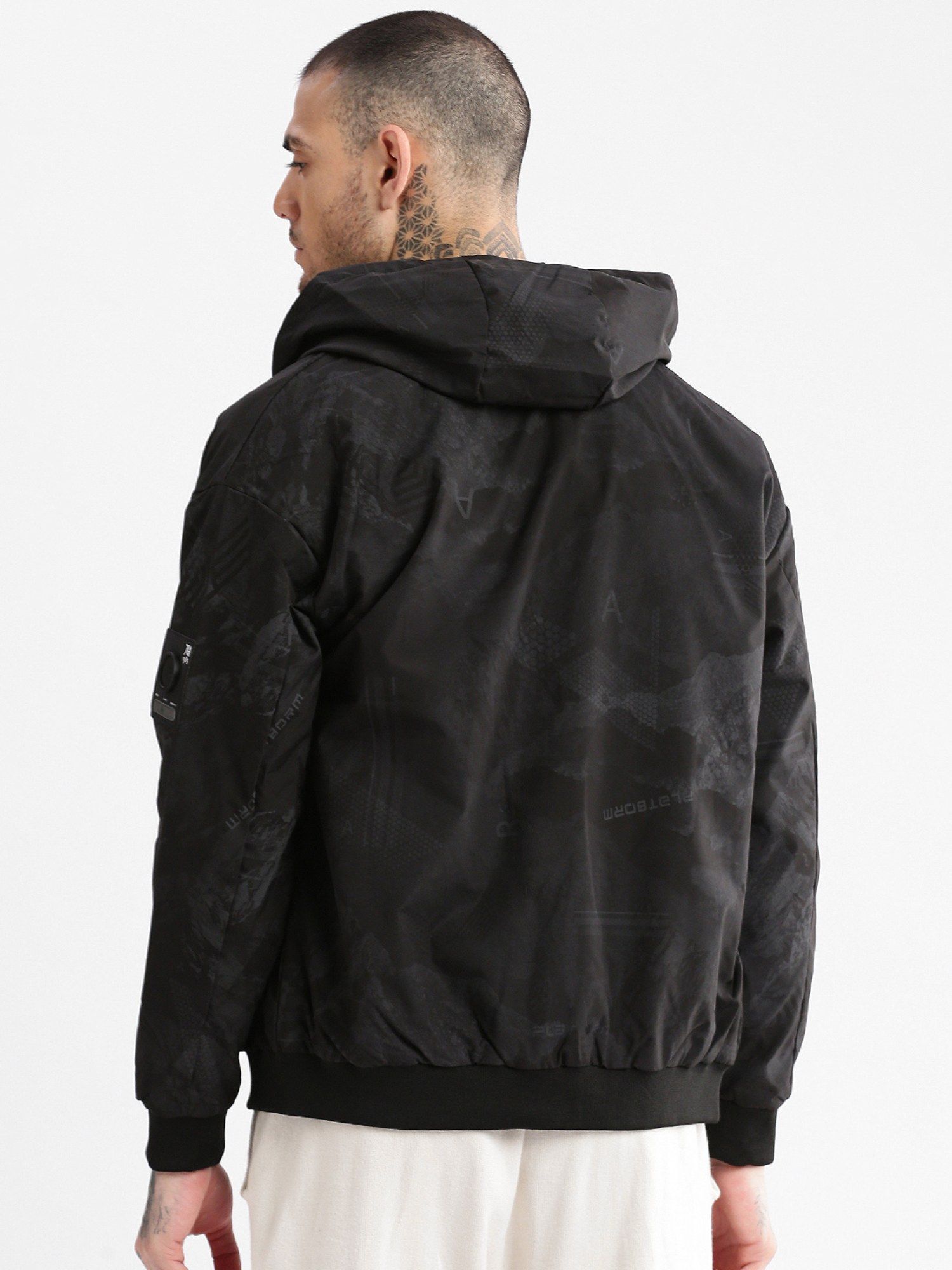Buy SHOWOFF Mens Hooded Black Abstract Reversible Bomber Jacket Online