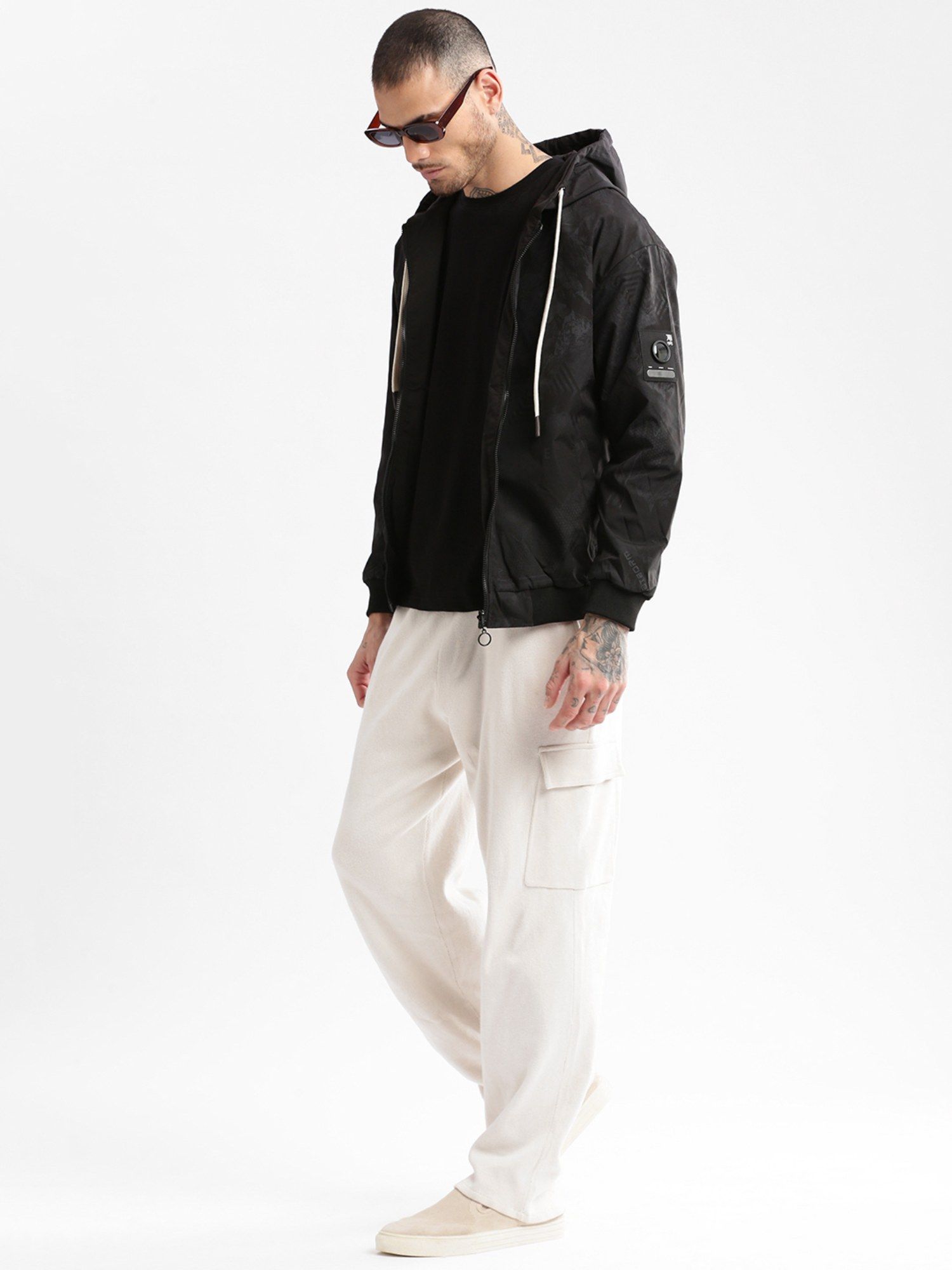 Buy SHOWOFF Mens Hooded Black Abstract Reversible Bomber Jacket Online