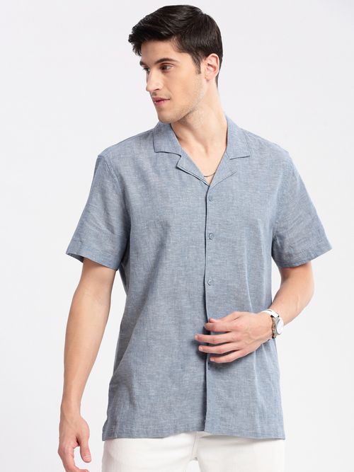 SHOWOFF Mens Short Sleeves Cuban Collar Cotton Solid Blue Casual Shirt