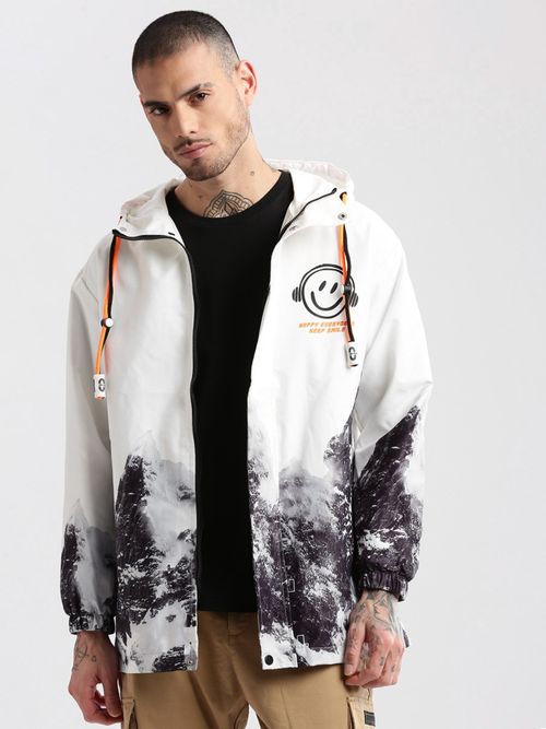 SHOWOFF Mens Long Sleeves Hooded White Printed Tailored Oversized Jacket