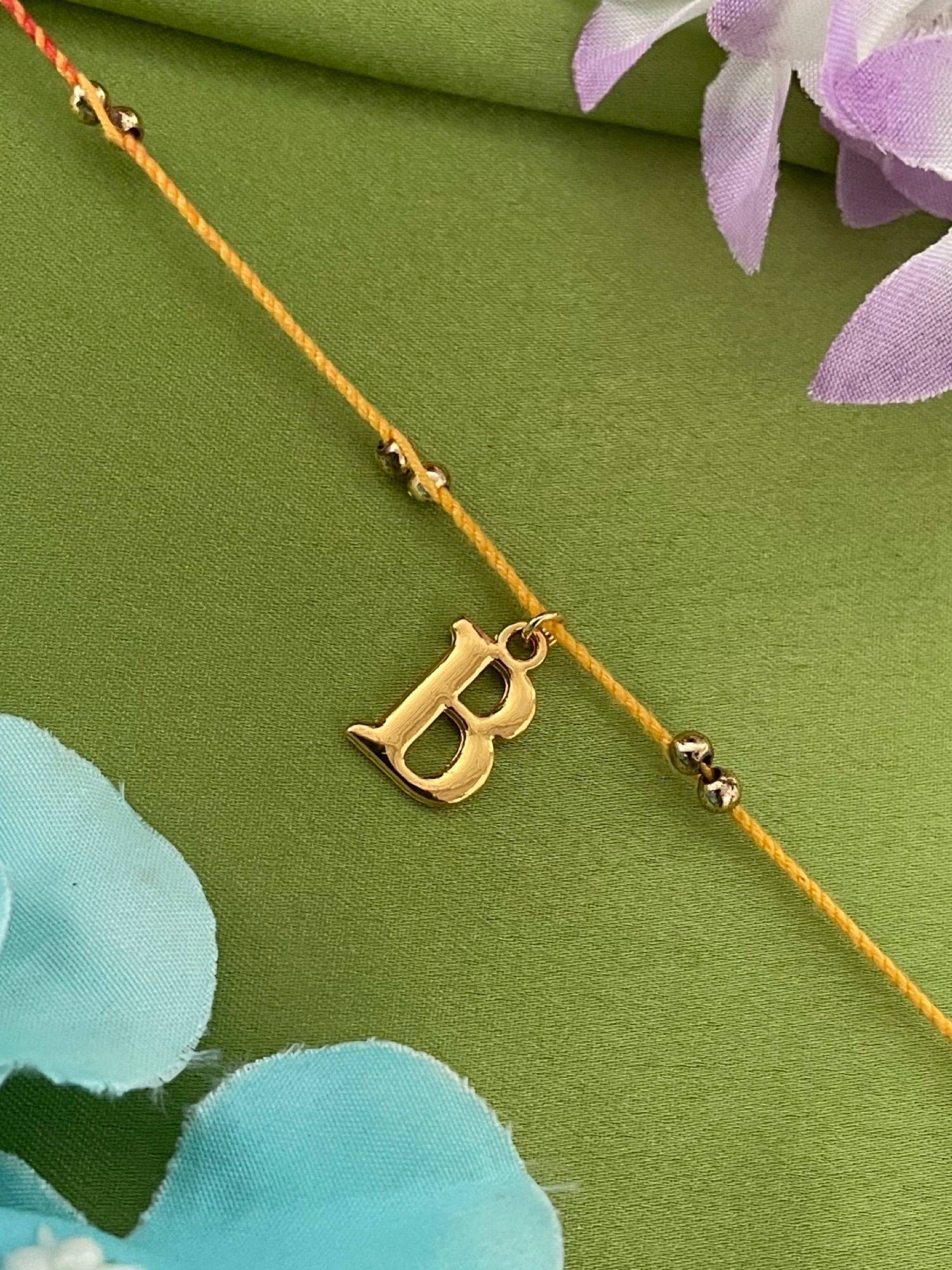 Digital Dress Room B Letter Initial Gold Beads Thread Rakhi