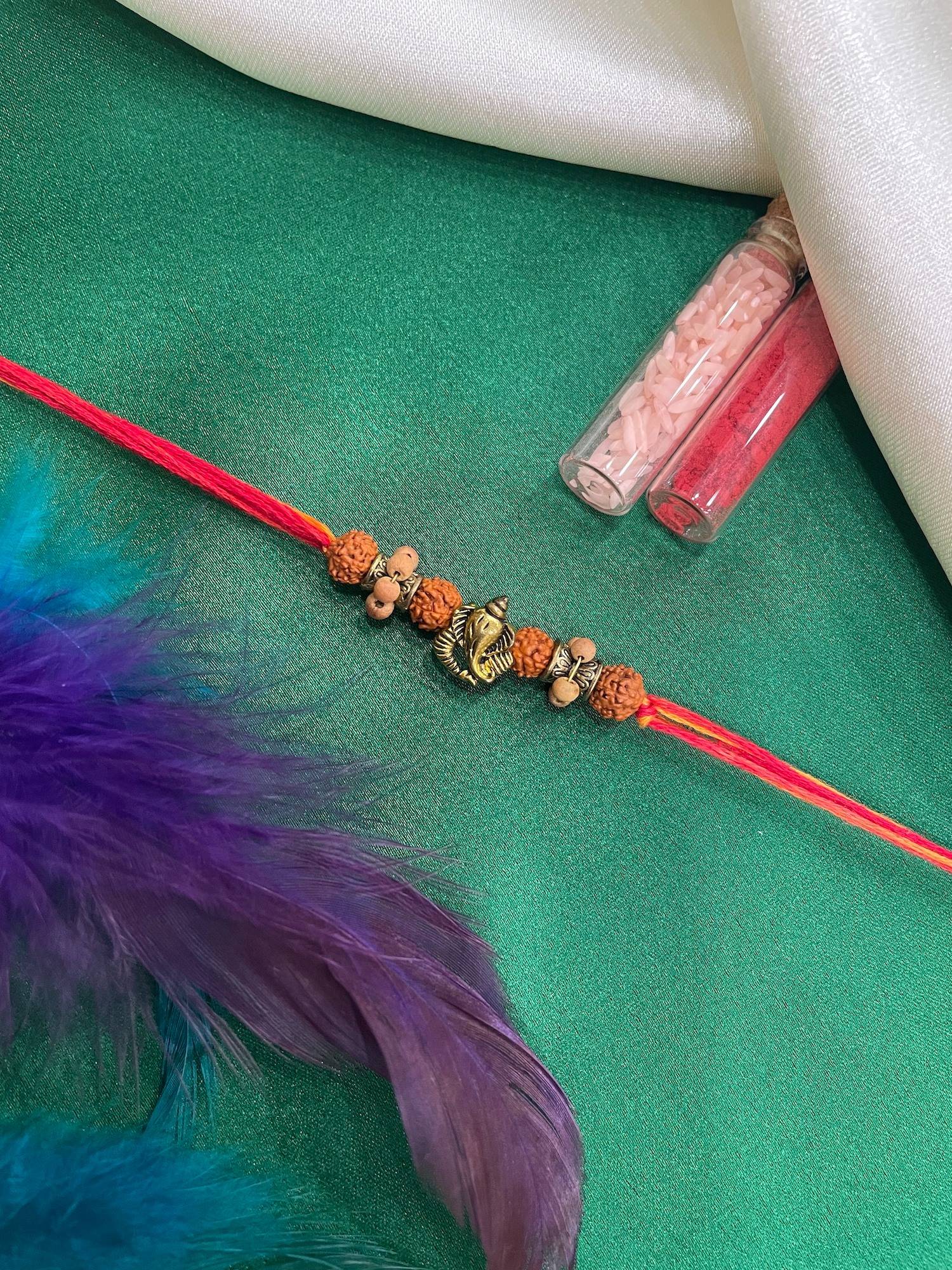 Digital Dress Room Ganesha with Rudraksha-Tulsi Beads Thread Rakhi