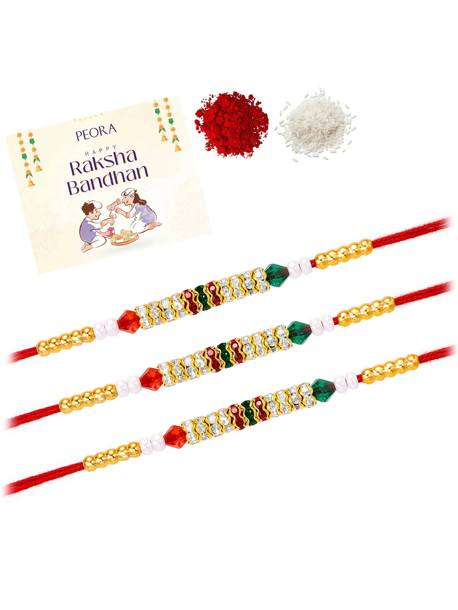 Peora Multi-Color Beads Stone Thread Rakhis with Greeting Card (Pack of 3)