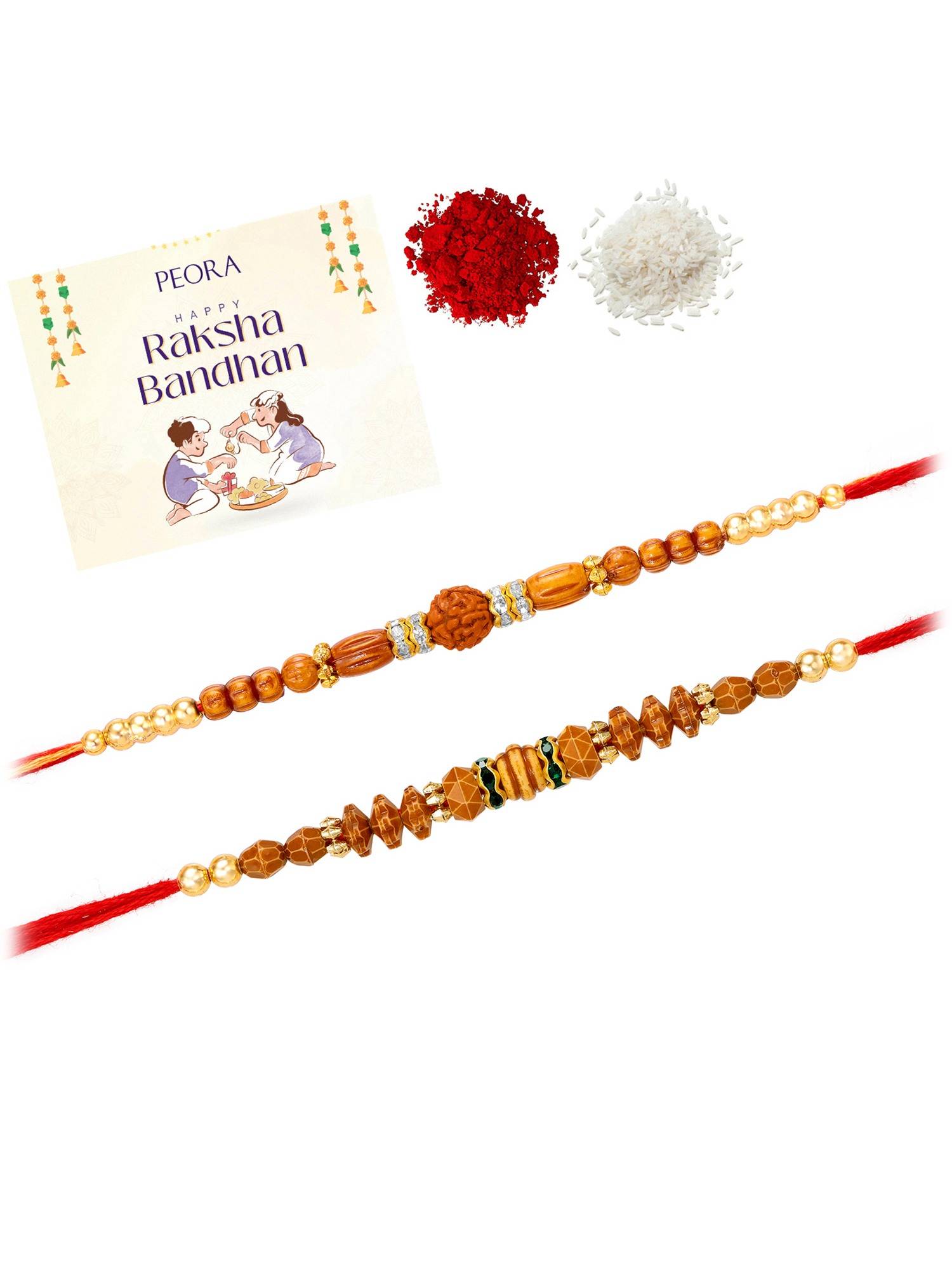 Peora Rudraksha Stone Thread Rakhis with Greeting Card (Pack of 2)