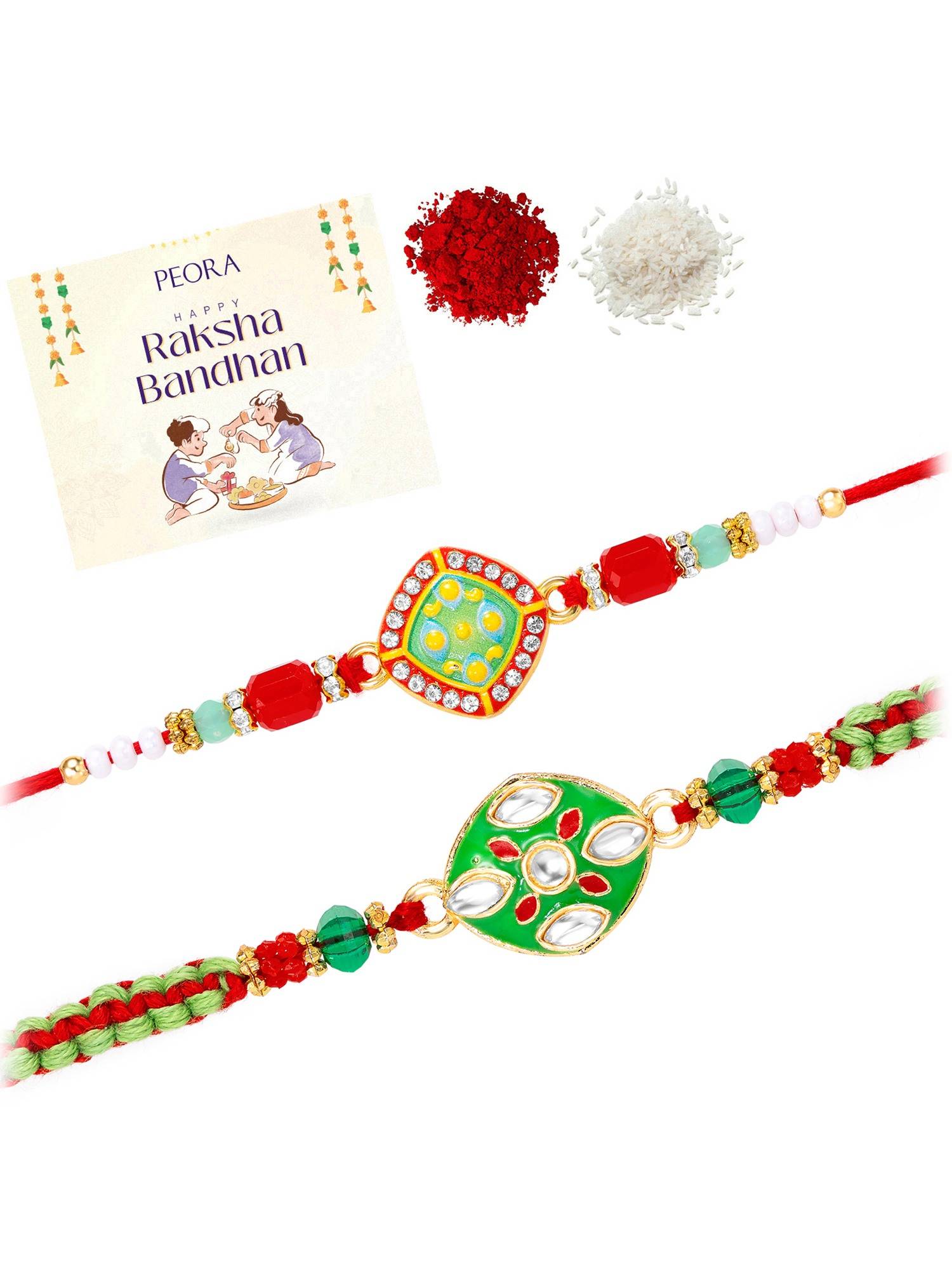 Peora Multi-Color Bead and Stone Thread Rakhis with Greeting Card (Pack of 2)