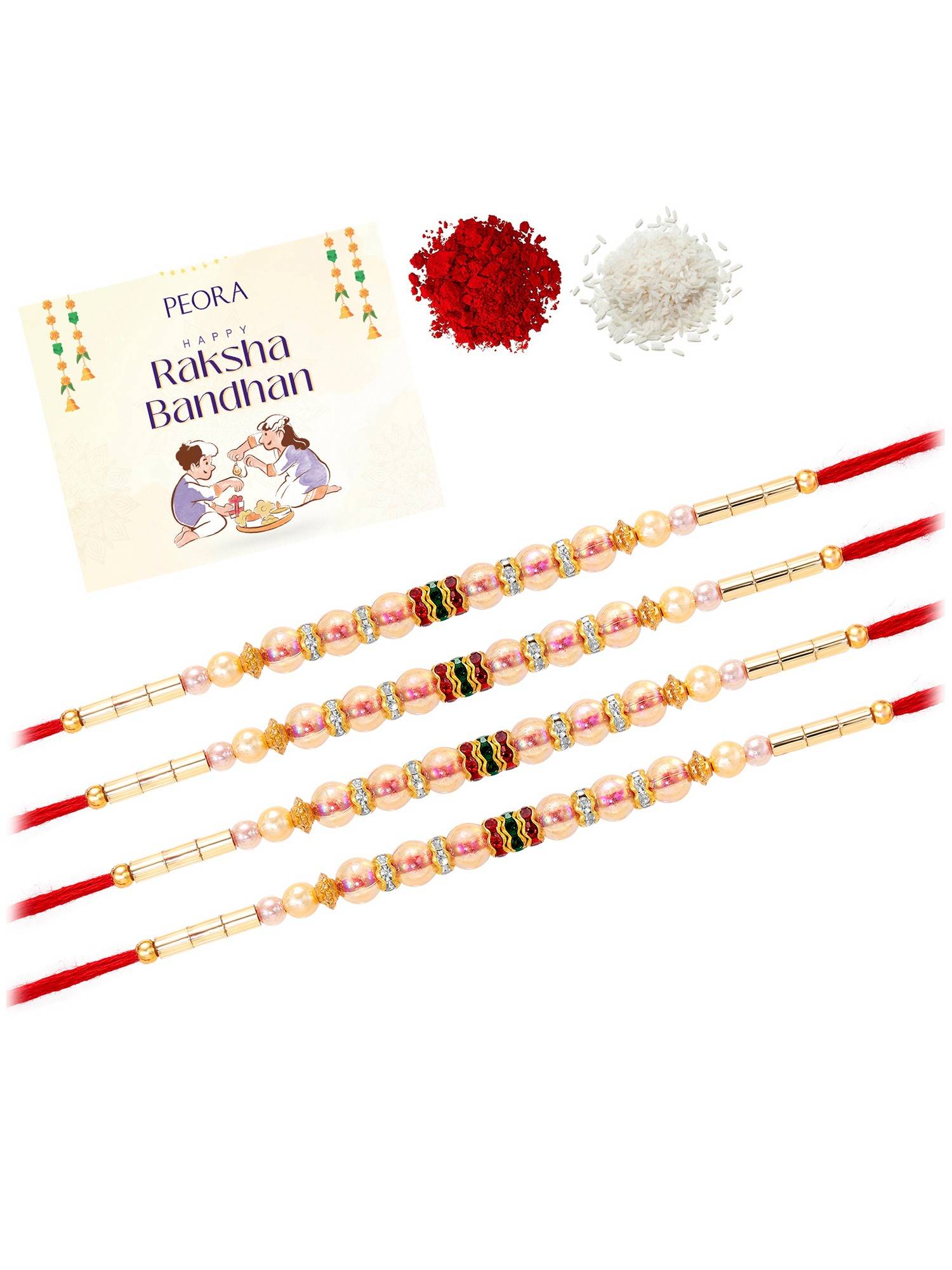 Peora Multi-Color Stone Pearl Thread Rakhis with Greeting Card (Pack of 4)