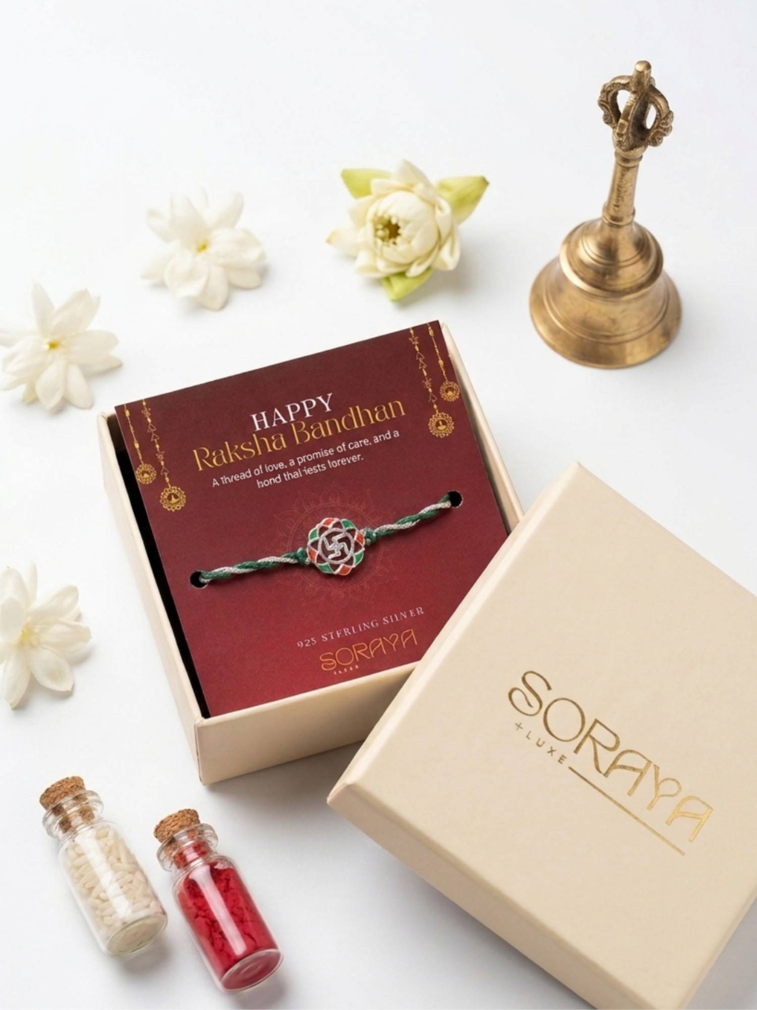 Soraya Luxe 925 Pure Silver Meenakari Swastik Green Thread Rakhi with Card