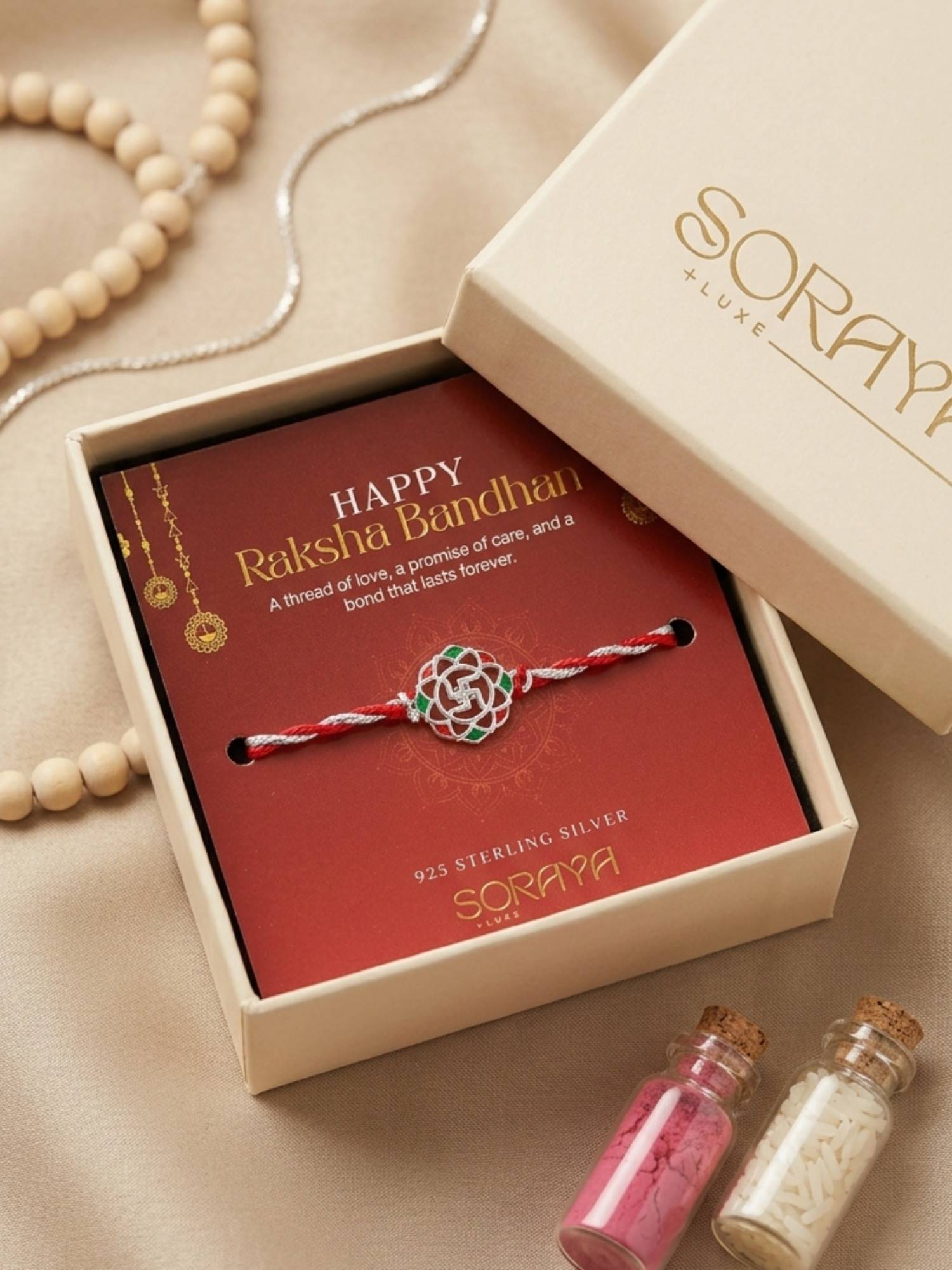 Soraya Luxe 925 Pure Silver Meenakari Swastik Red Thread Rakhi with Card