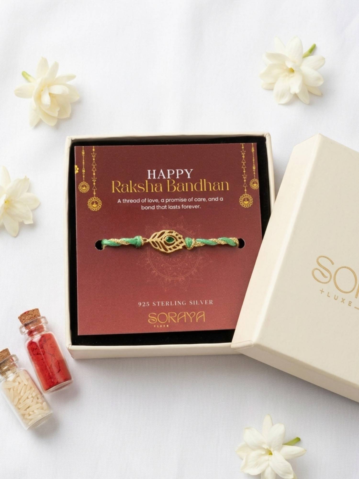 Soraya Luxe 925 Pure Silver 18K Gold Plated Green Peacock Feather Thread Rakhi with Card
