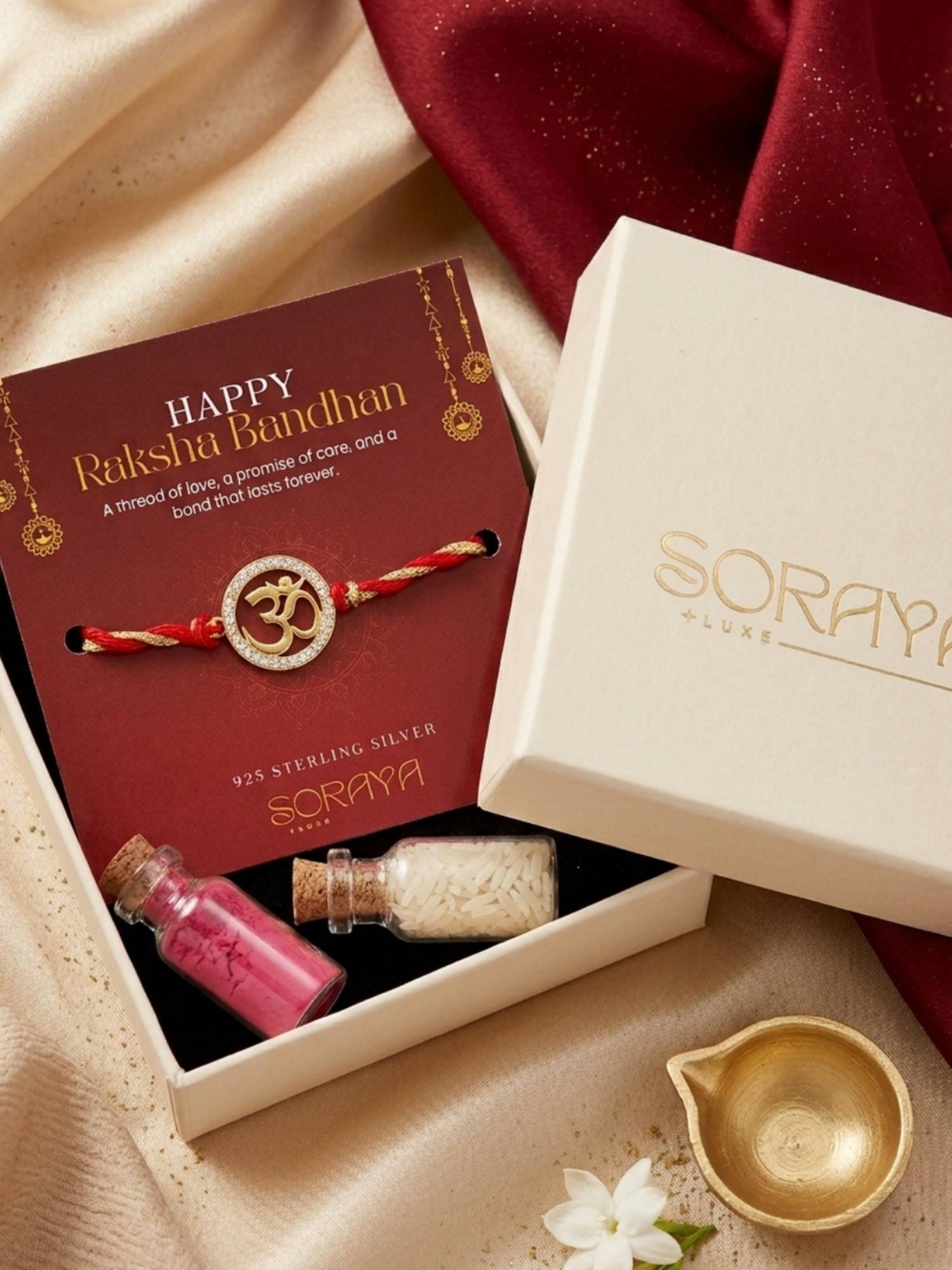 Soraya Luxe 925 Silver 18K Gold Plated Om Red Thread Rakhi with Card