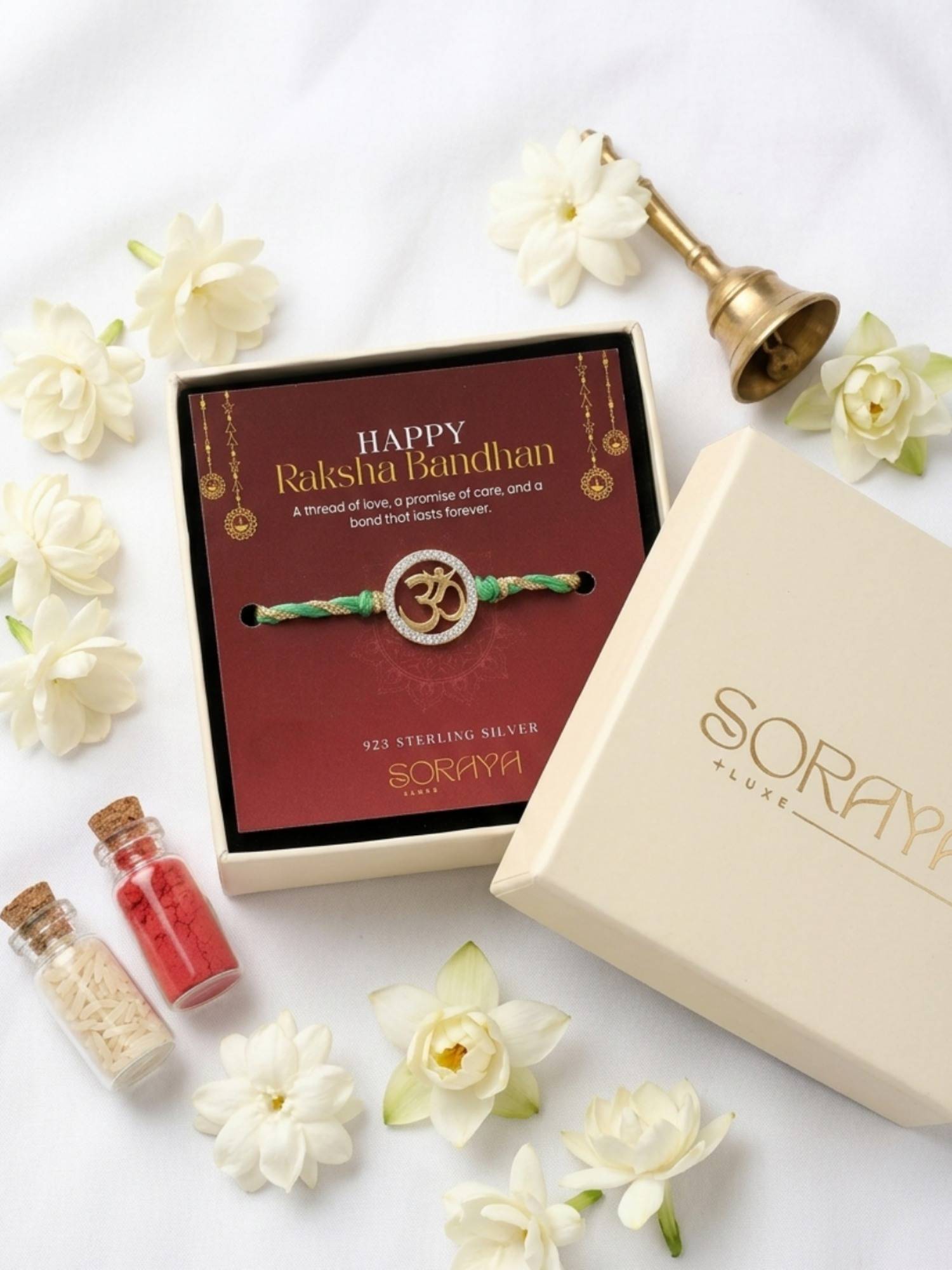 Soraya Luxe 925 Silver 18K Gold Plated Om Green Thread Rakhi with Card