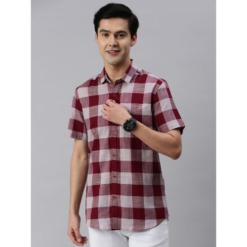 Classic Polo Men Cotton Half Sleeve Checked Slim Fit Polo Neck Maroon  Colour Woven Shirt