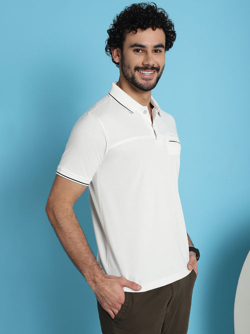 VENITIAN Men Pique Matty Cotton White Zipper Pocket Polo Neck T-Shirt