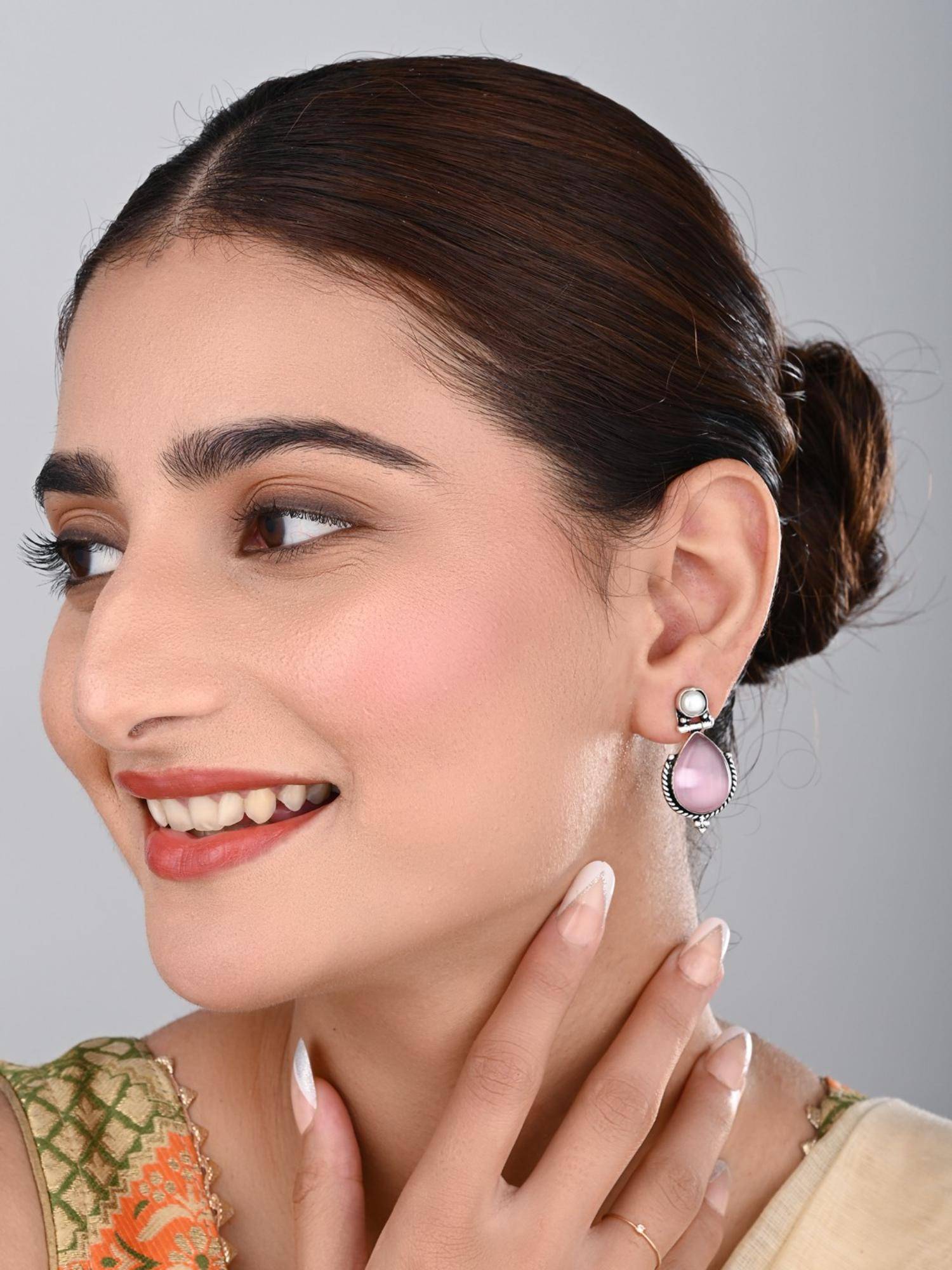 Anvik Women Pink Stone and Pearl Teardrop Earrings