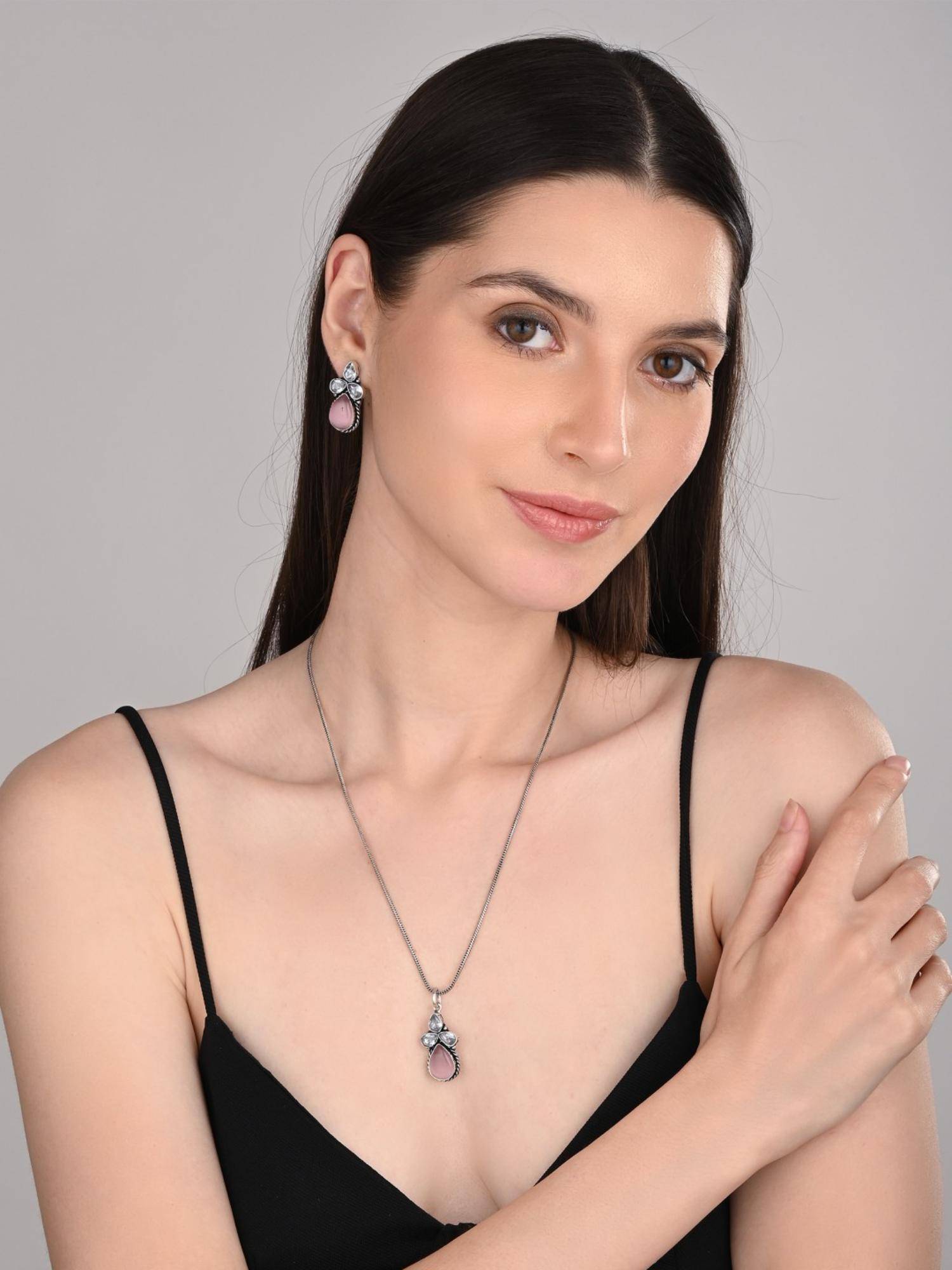 Anvik Women Silver Oxidised Delicate Ad Pink Stone Necklace Set