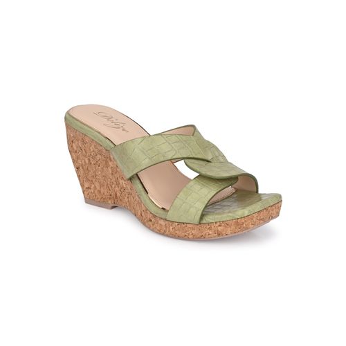 Delize Light Womens Olive Green Croco Print Vegan Leather Cross Strap  Wedge Heel Sandals (UK 5)