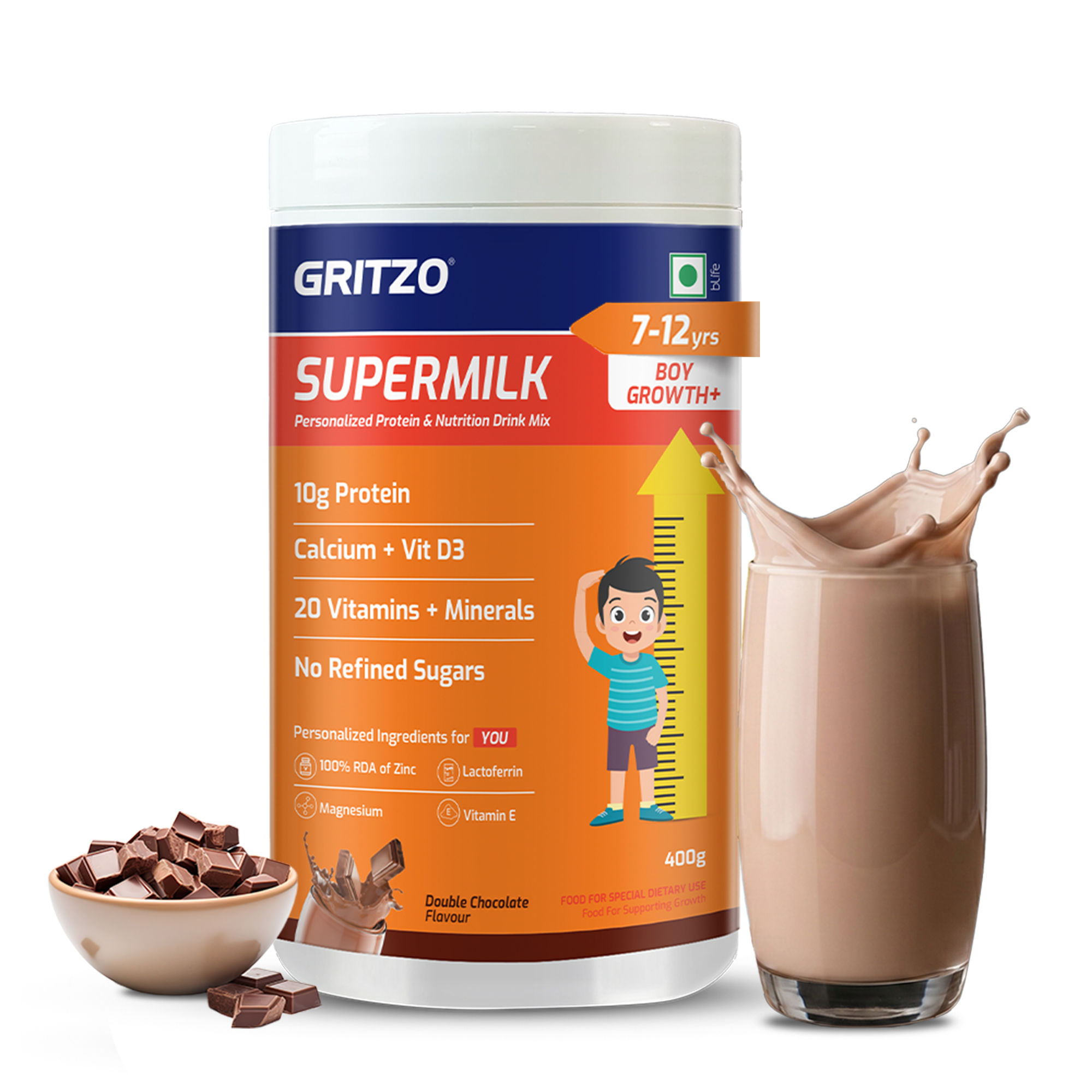 Gritzo SuperMilk Growth+ (Formerly Height+) (7-12y Boys),10g Protein Powder - Double Chocolate