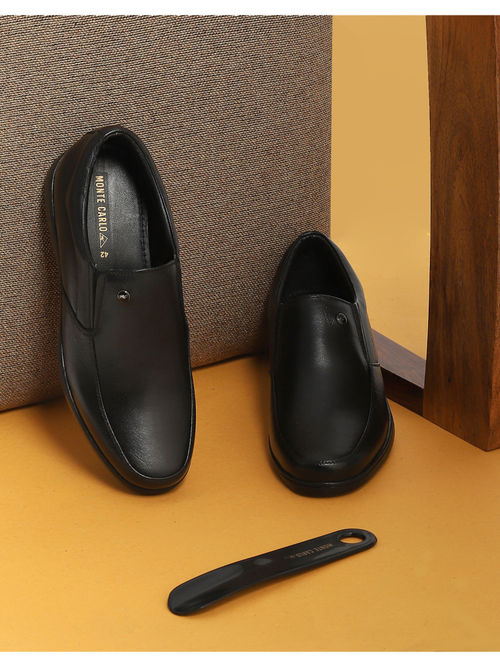 Monte Carlo Men Black Solid Leather Round Toe Slip On Shoes