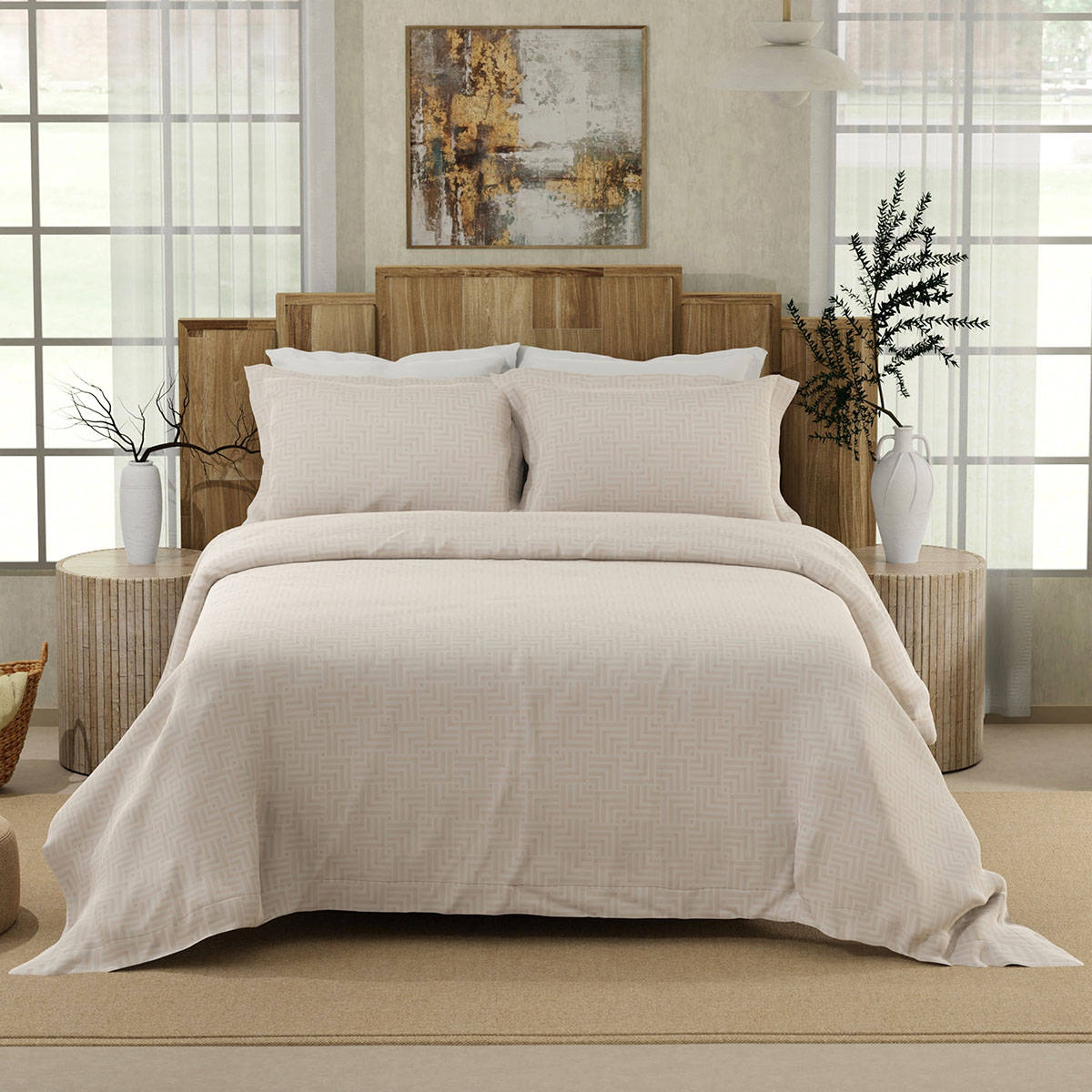 Boutique Living Gardenia Augusta 300 Tc Geometric Bedsheet with 2 Pillow Covers (King)