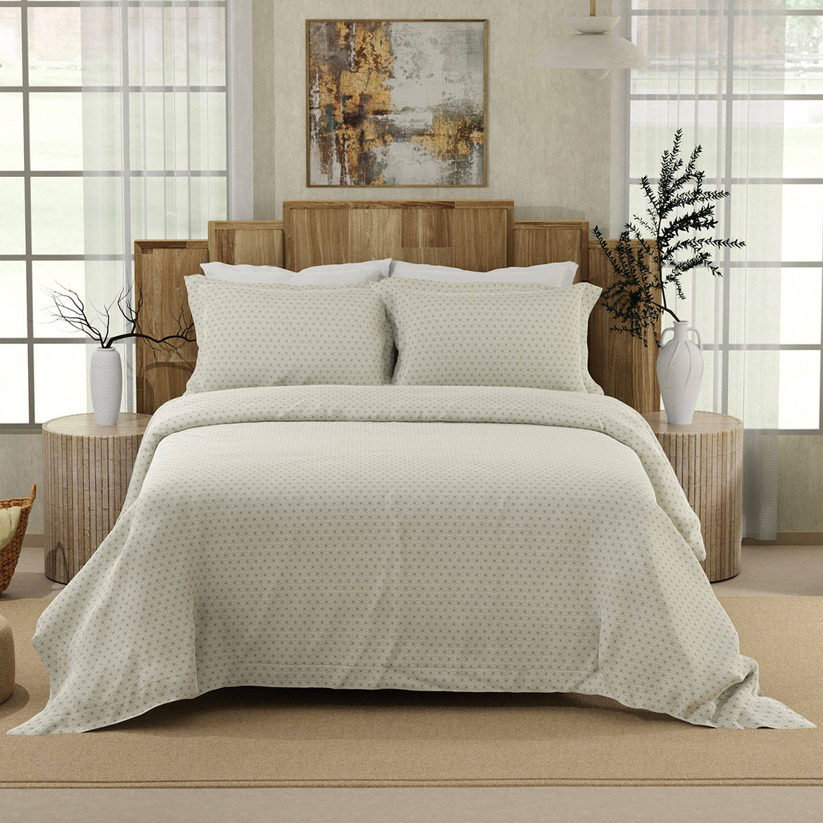 Boutique Living Gardenia Augusta 300 Tc Grey Geometric Bedsheet with 2 Pillow Covers (King)
